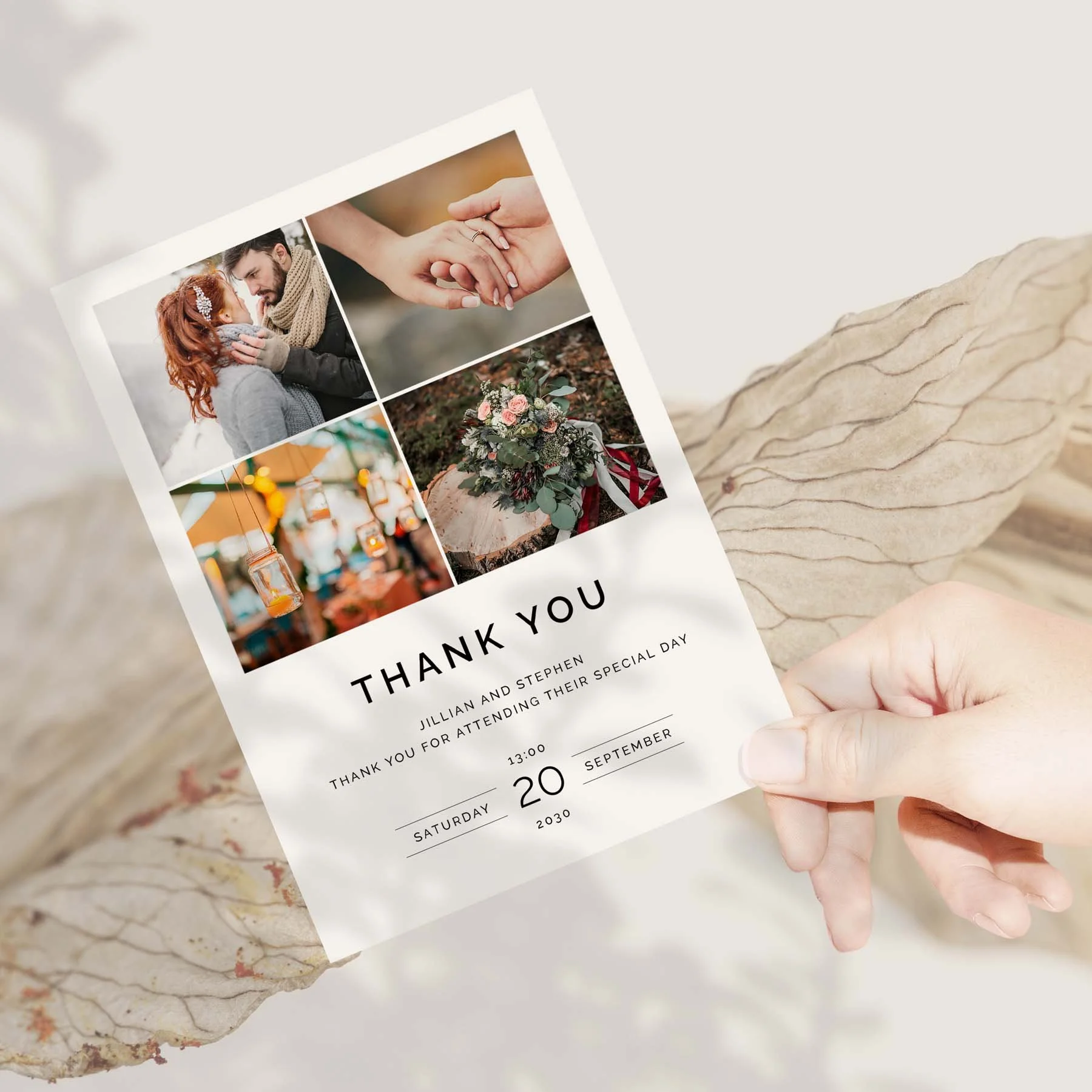Hand holding a Photo Gallery wedding thank you card