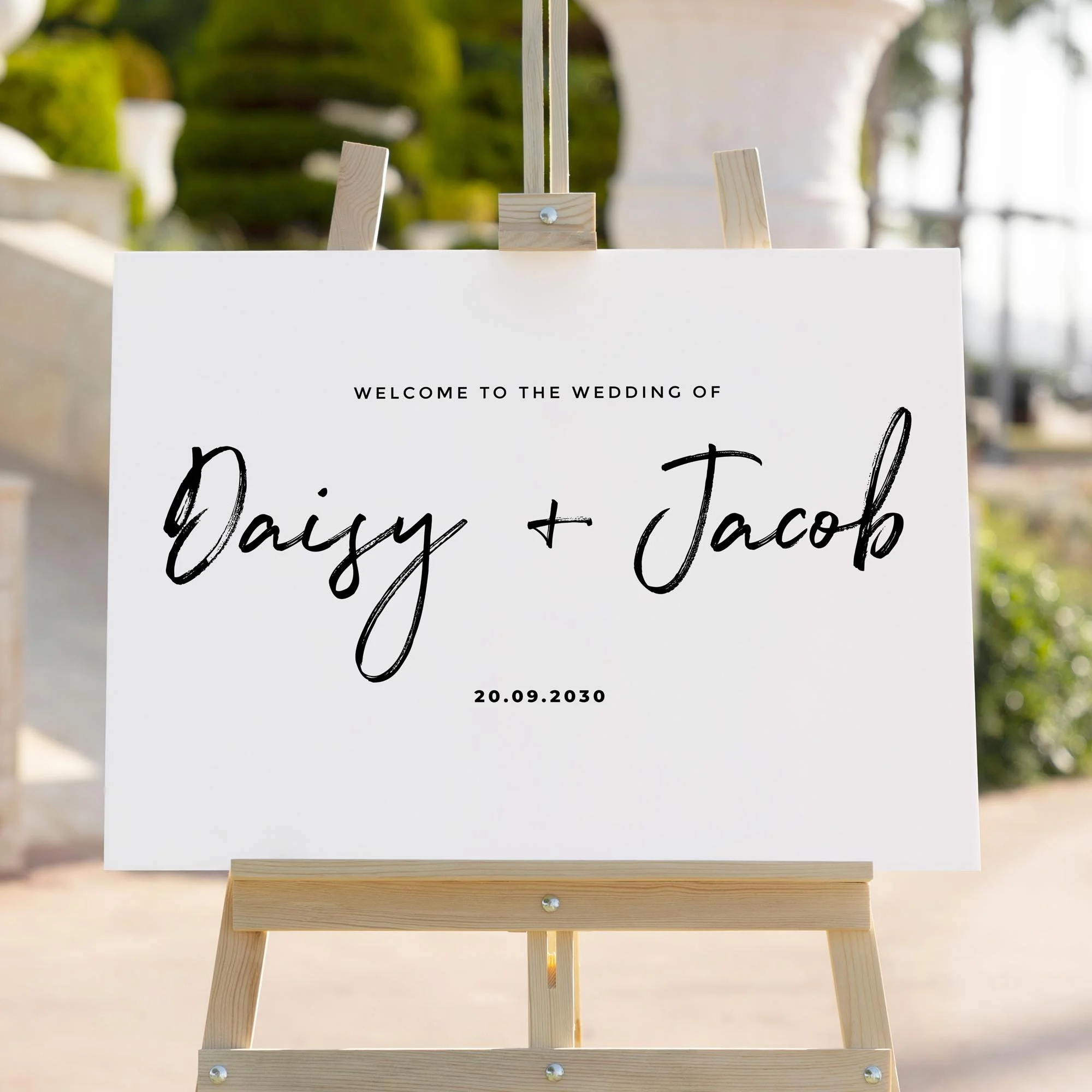 Brush Stroke Font wedding welcome sign styled outdoors close-up