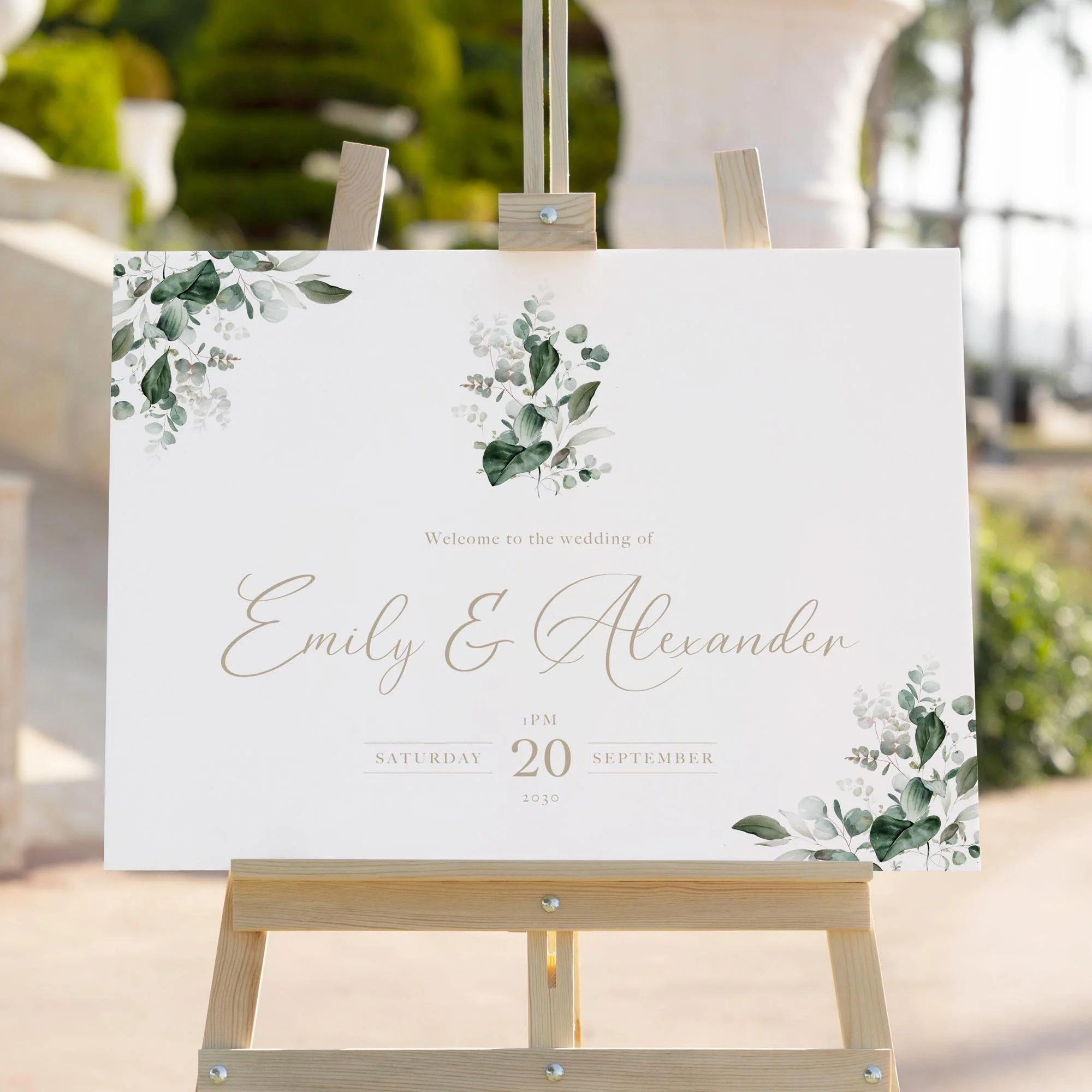Emerald Greenery wedding welcome sign styled outdoors close-up