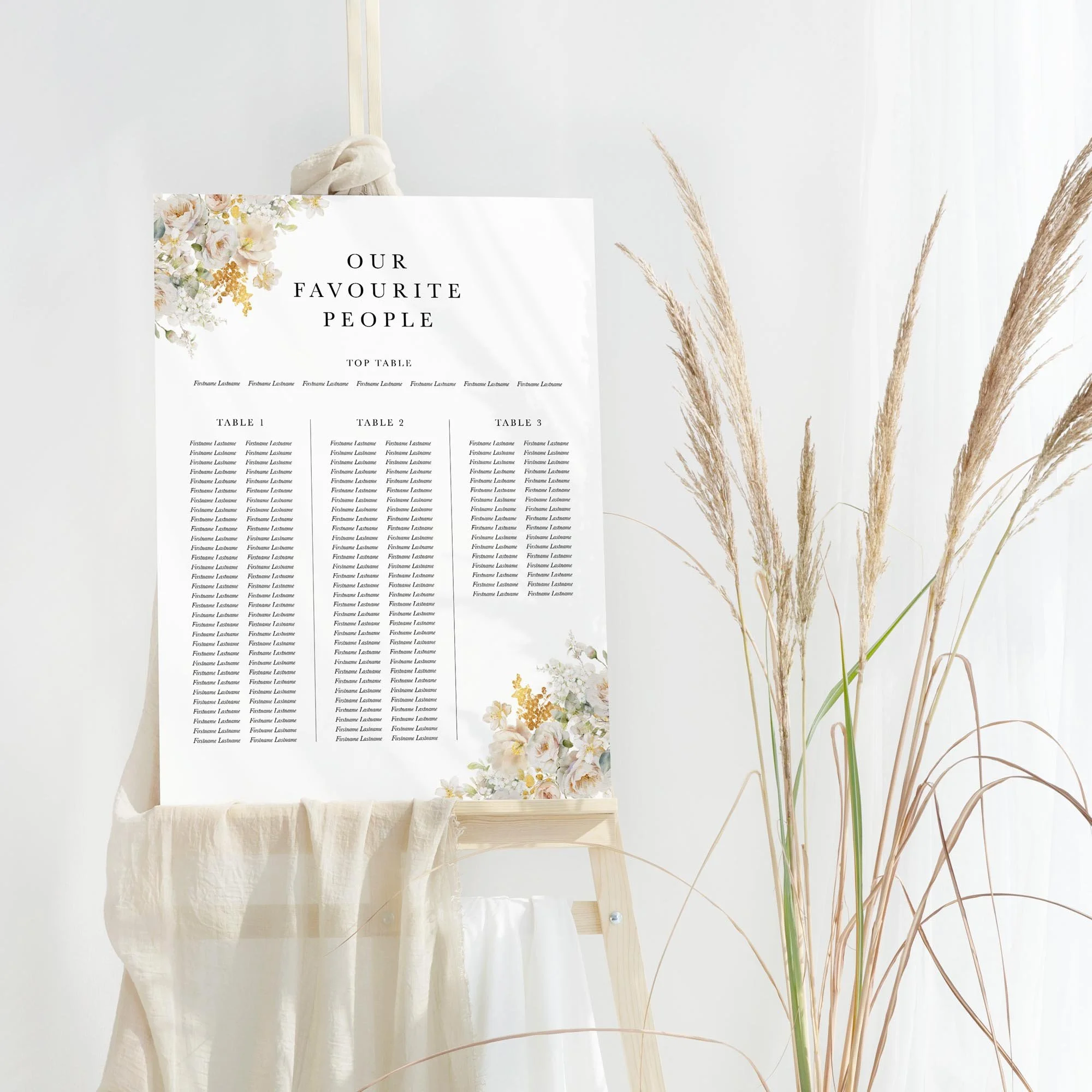 White and Gold Floral wedding table plan board seating chart sign