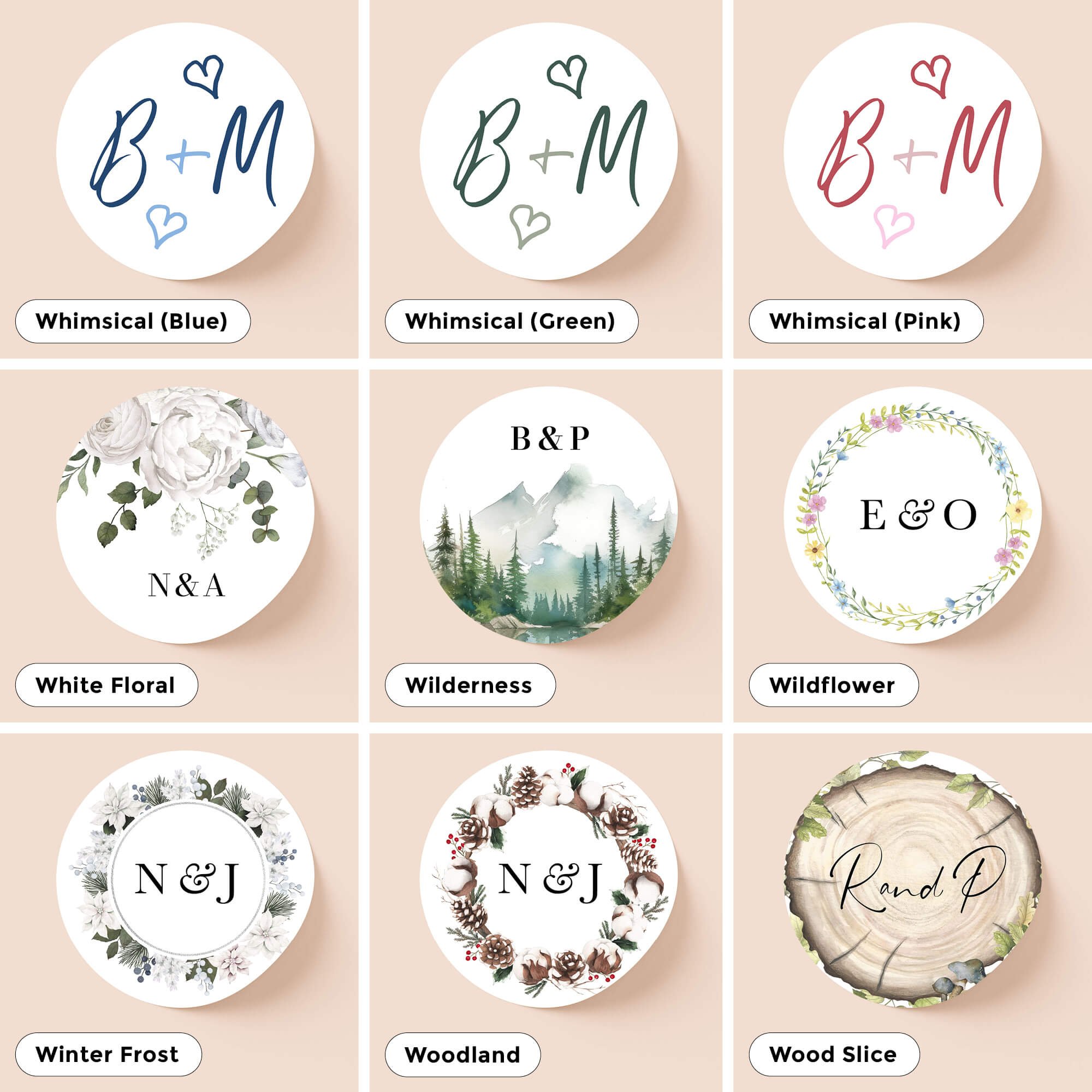 Personalised wedding sticker designs for invitations, envelopes and favour labels – multiple styles available.