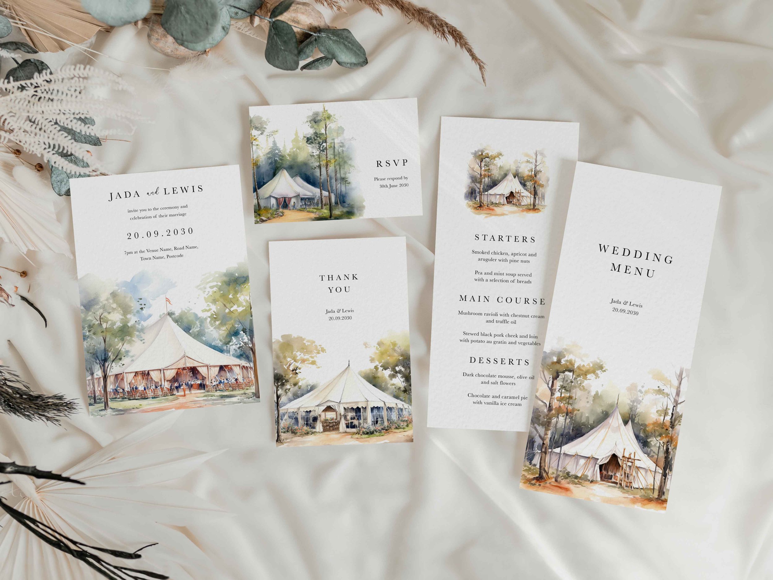 Bell tent illustration on wedding stationery