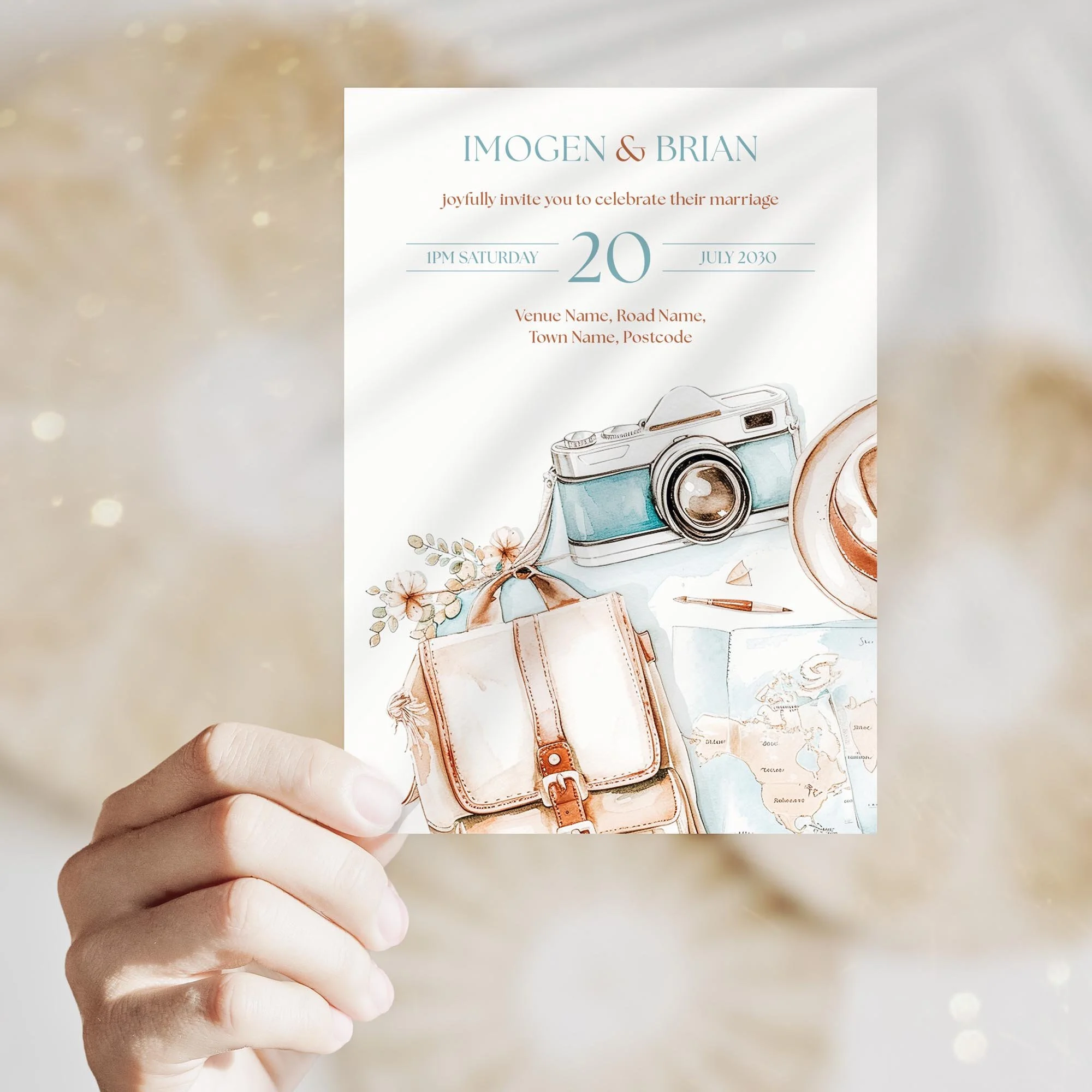 Person holding the Explorer Wedding Invitation featuring a camera, bag, and map design.
