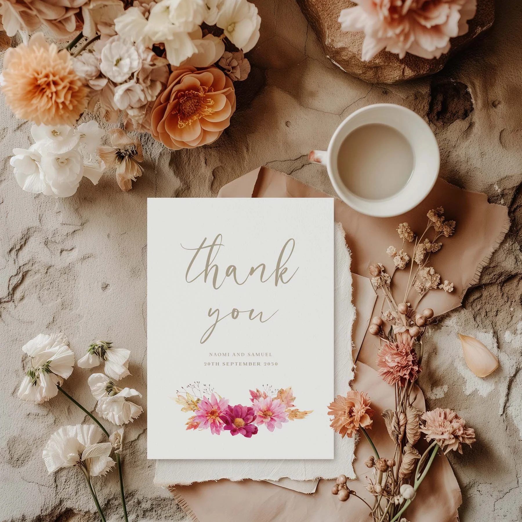 Chrysanthemum wedding thank you card styled with flowers and stationery details