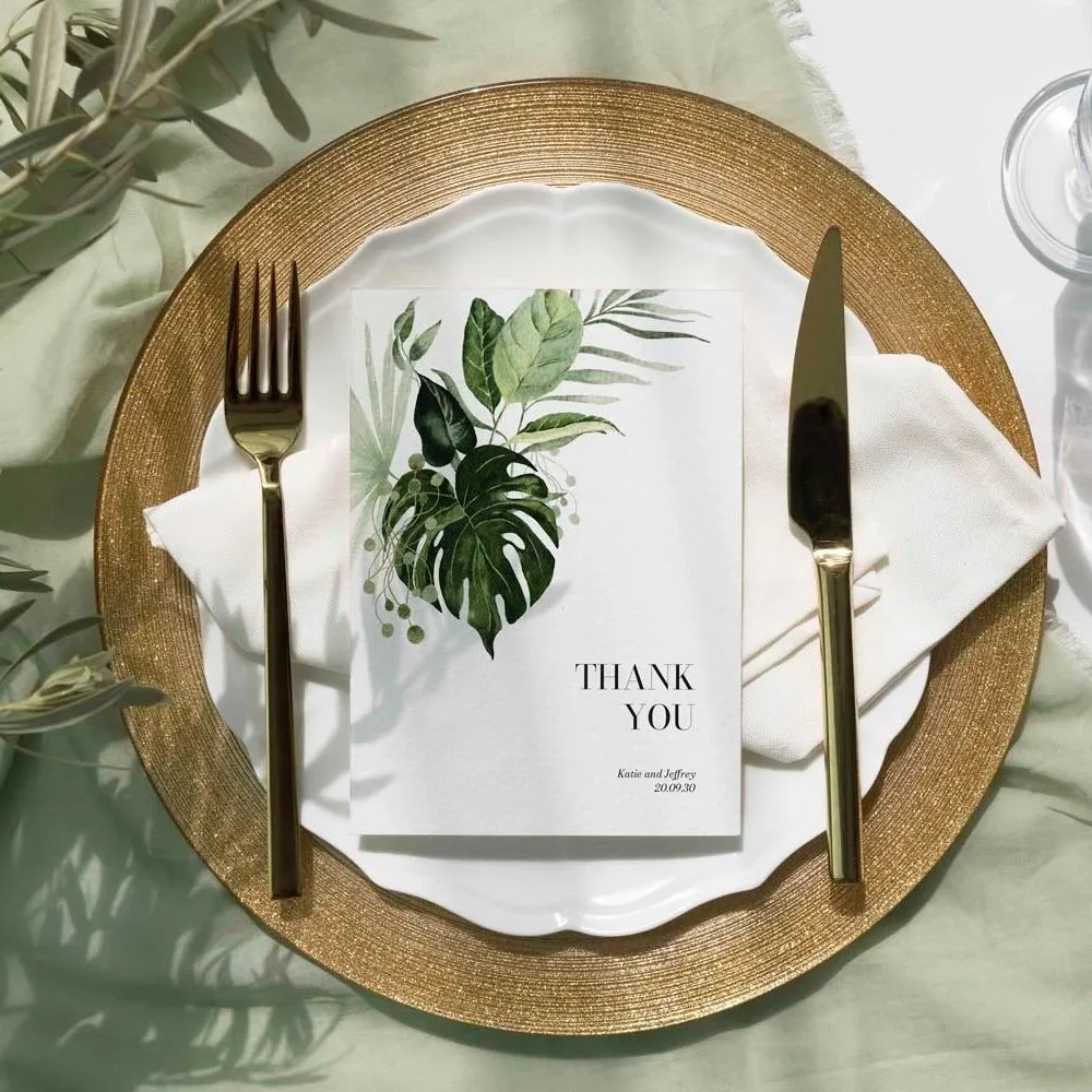 Tropical Leaves Thank You Cards For Wedding on Dinner Plate with Gold Cutlery