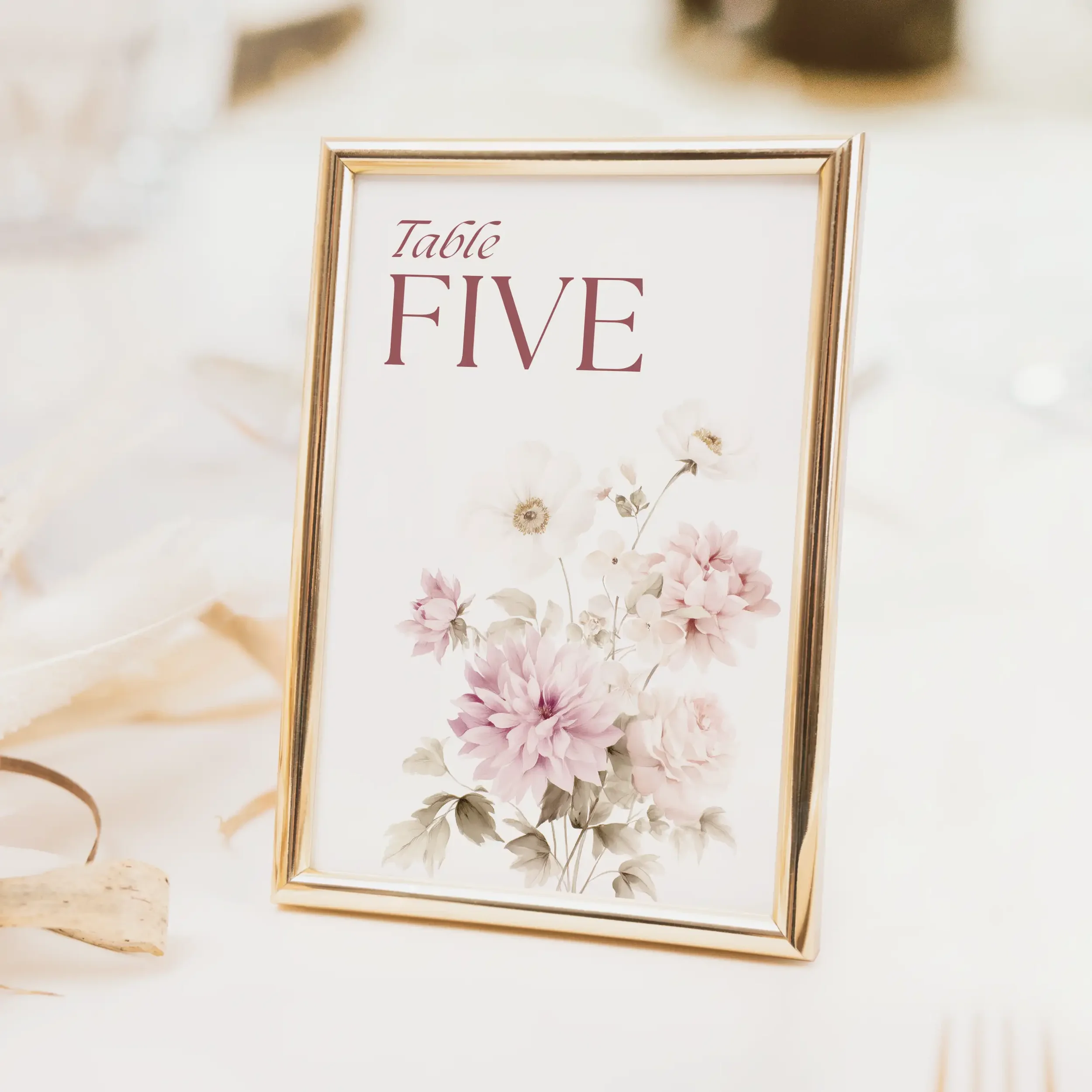 Petal wedding table number with soft blush pink watercolour cherry blossom petal illustration and flowing script typography on luxury off-white card