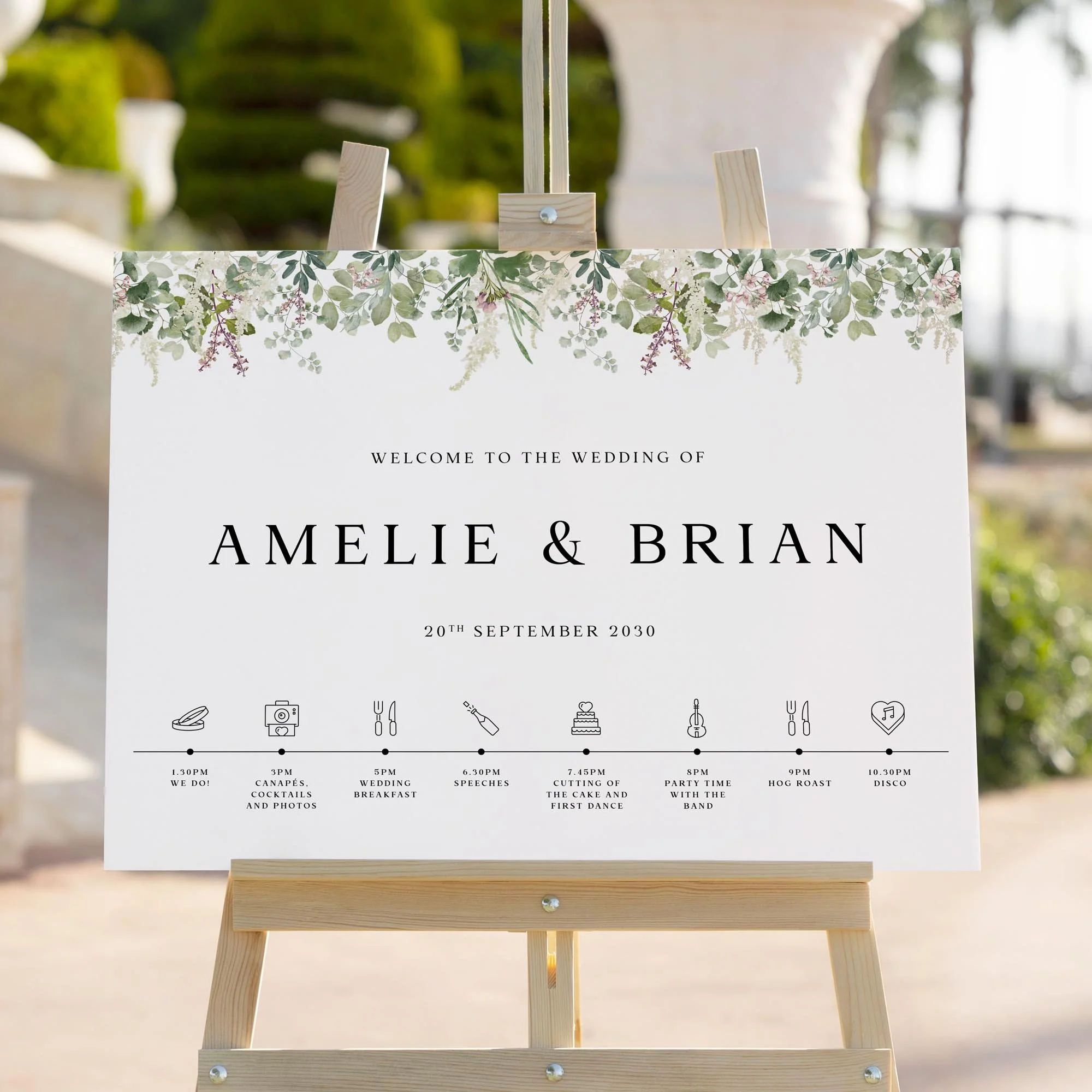 Forest Leaves Order of the Day wedding welcome sign styled outdoors close-up
