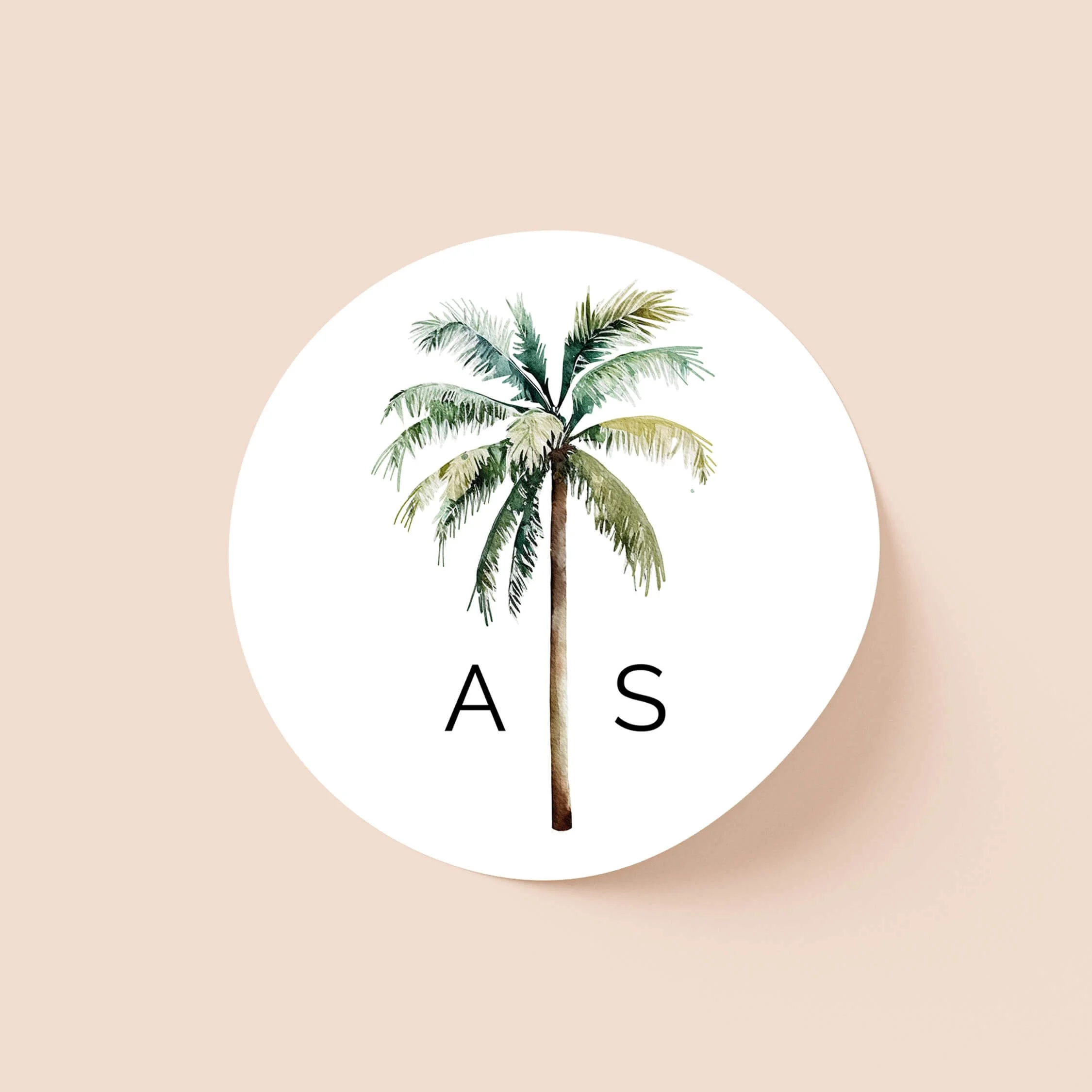 Palm Tree personalised wedding sticker with tropical palm tree design and personalised initials on round sticker