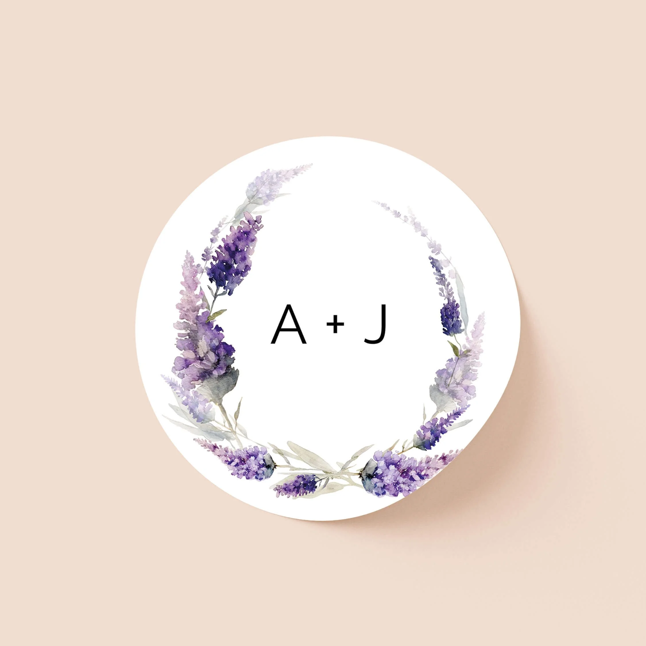 Lavender personalised wedding sticker with lavender floral wreath and personalised initials on round sticker