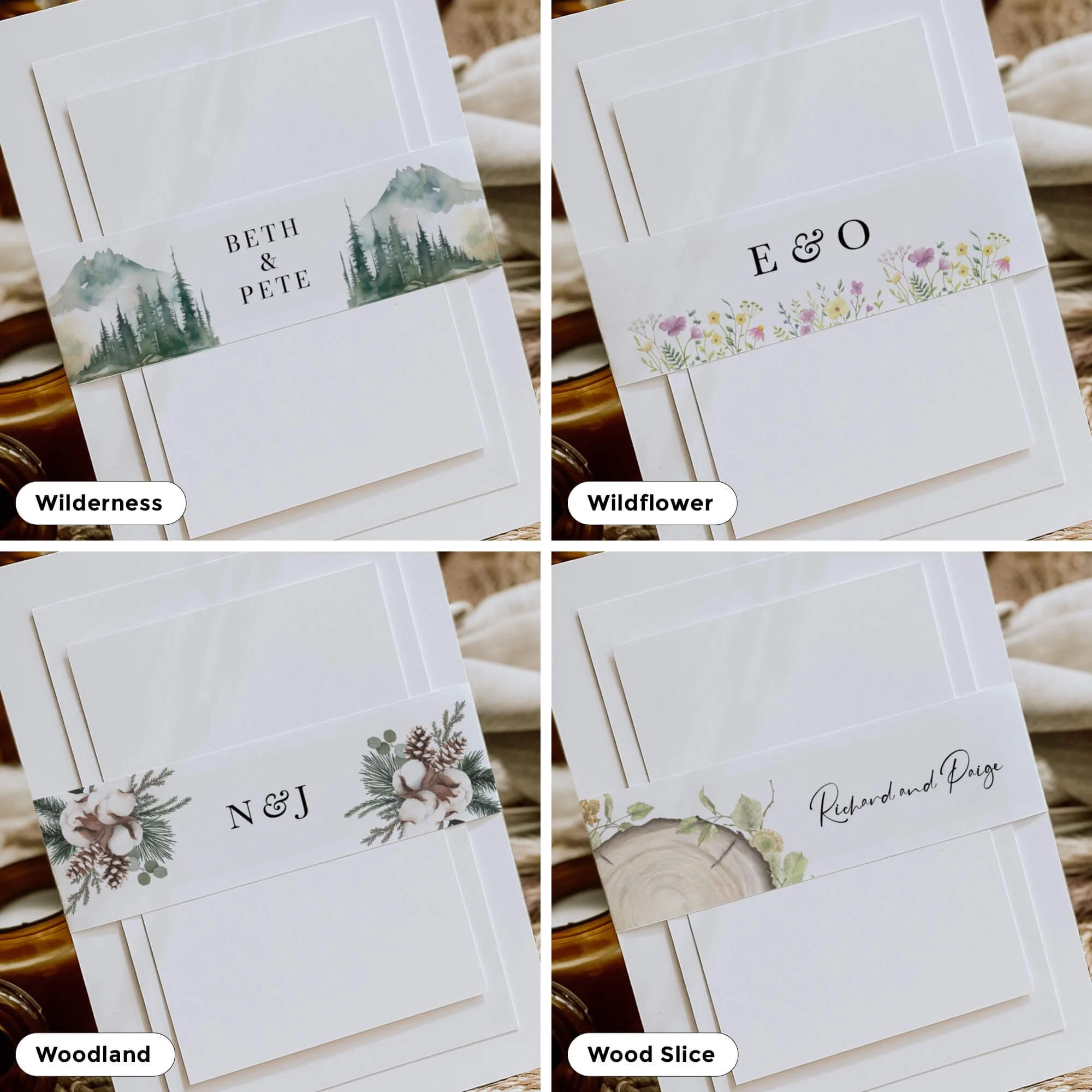 Collection of personalised wedding belly bands in a variety of elegant designs