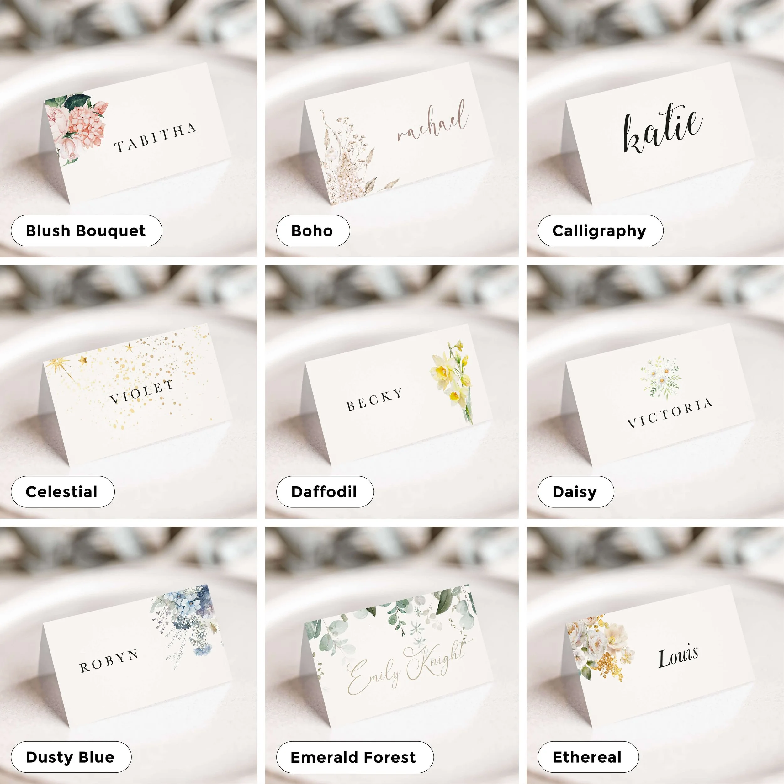 Selection of personalised wedding place card designs in various styles, including modern, floral, and minimalist, displayed on wedding tables