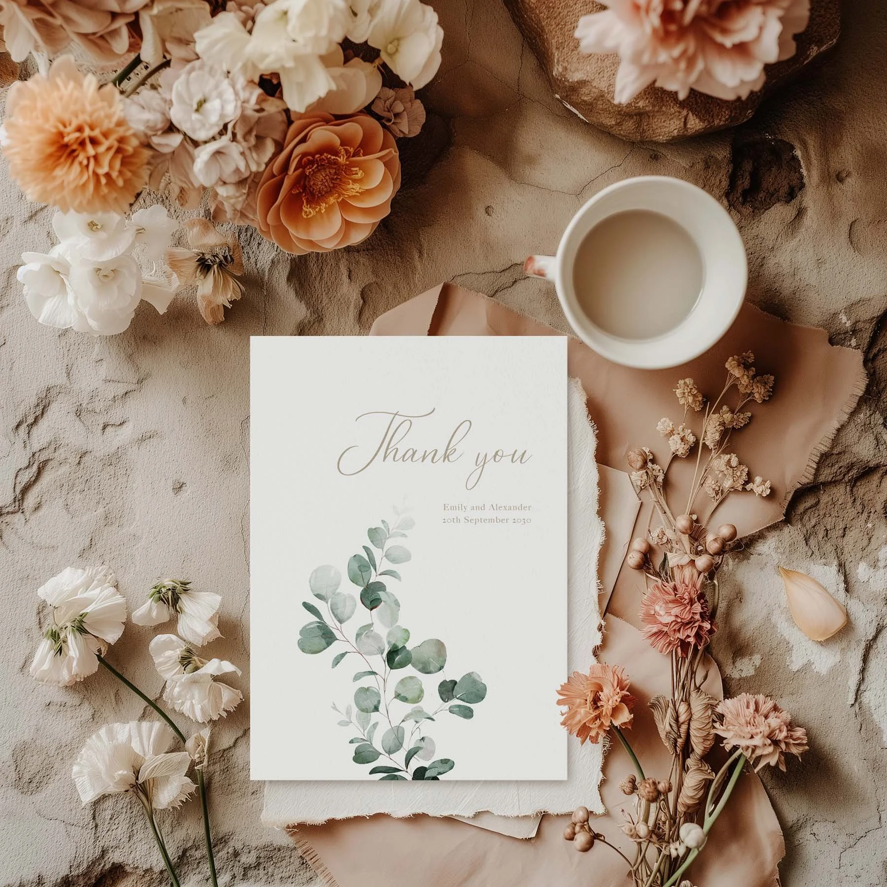 Emerald Leaves wedding thank you card styled with flowers and stationery details