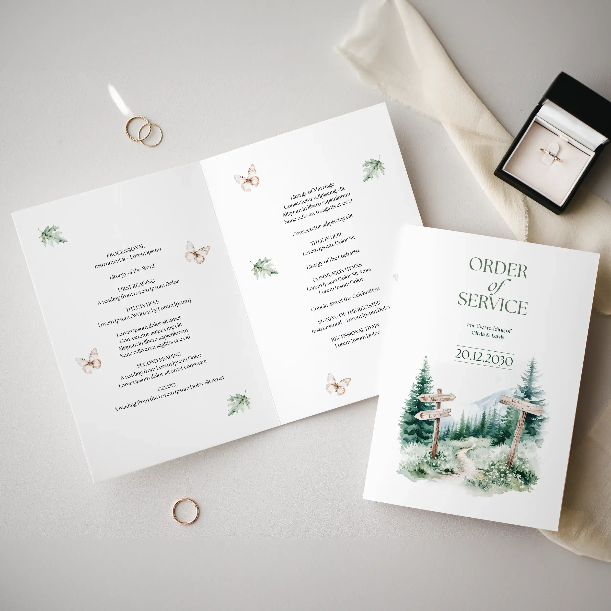 Adventure Order of Service booklet showing woodland signpost cover and inside ceremony page.
