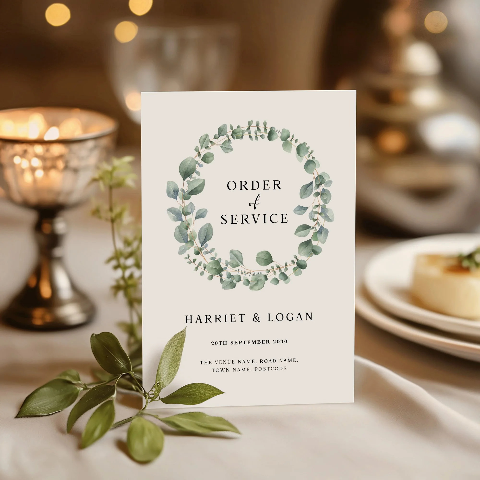 Eucalyptus Wreath wedding order of service on a wedding day displayed