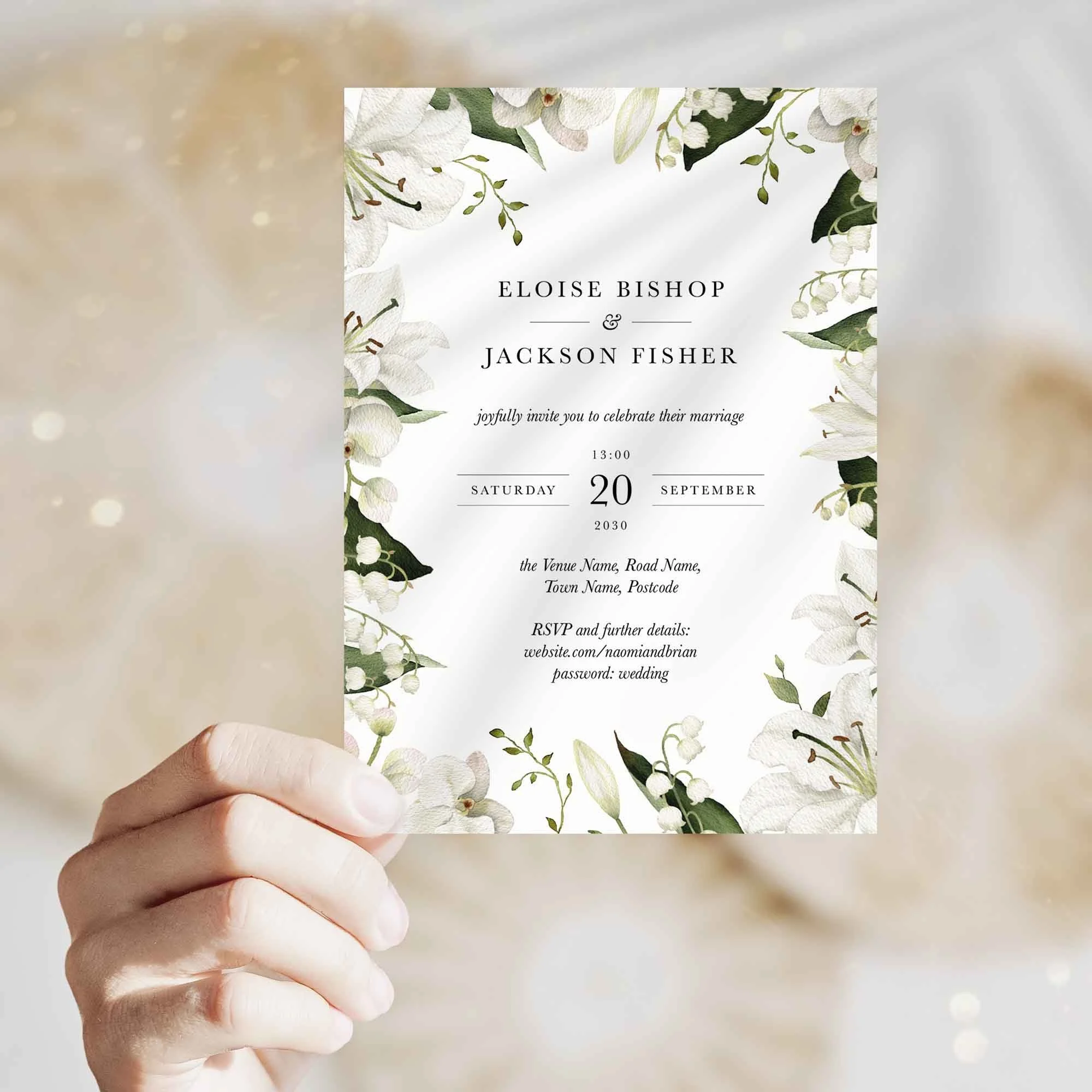 Hand holding Garden wedding invitation showing size and printed design details