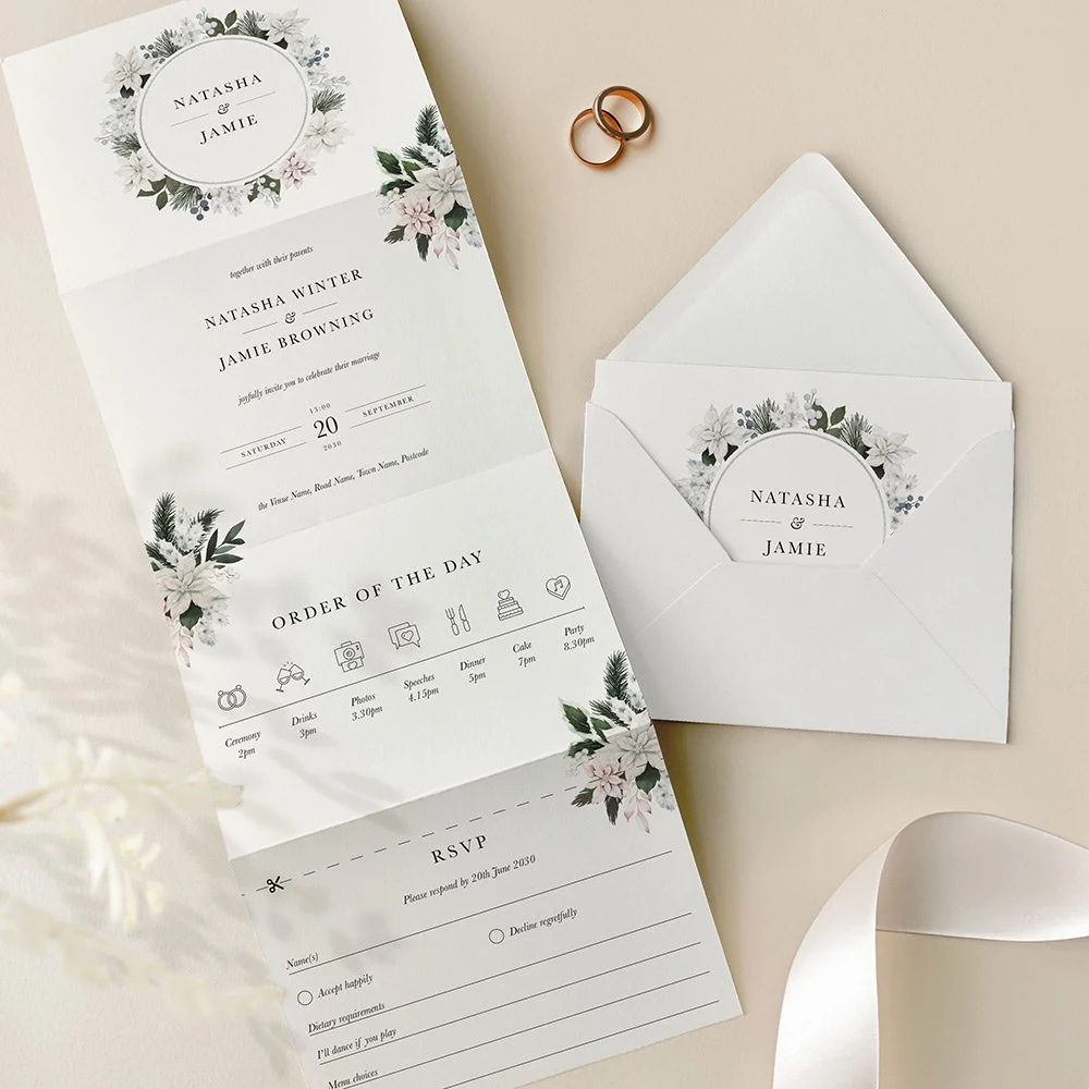 White Christmas Concertina Wedding Invites
