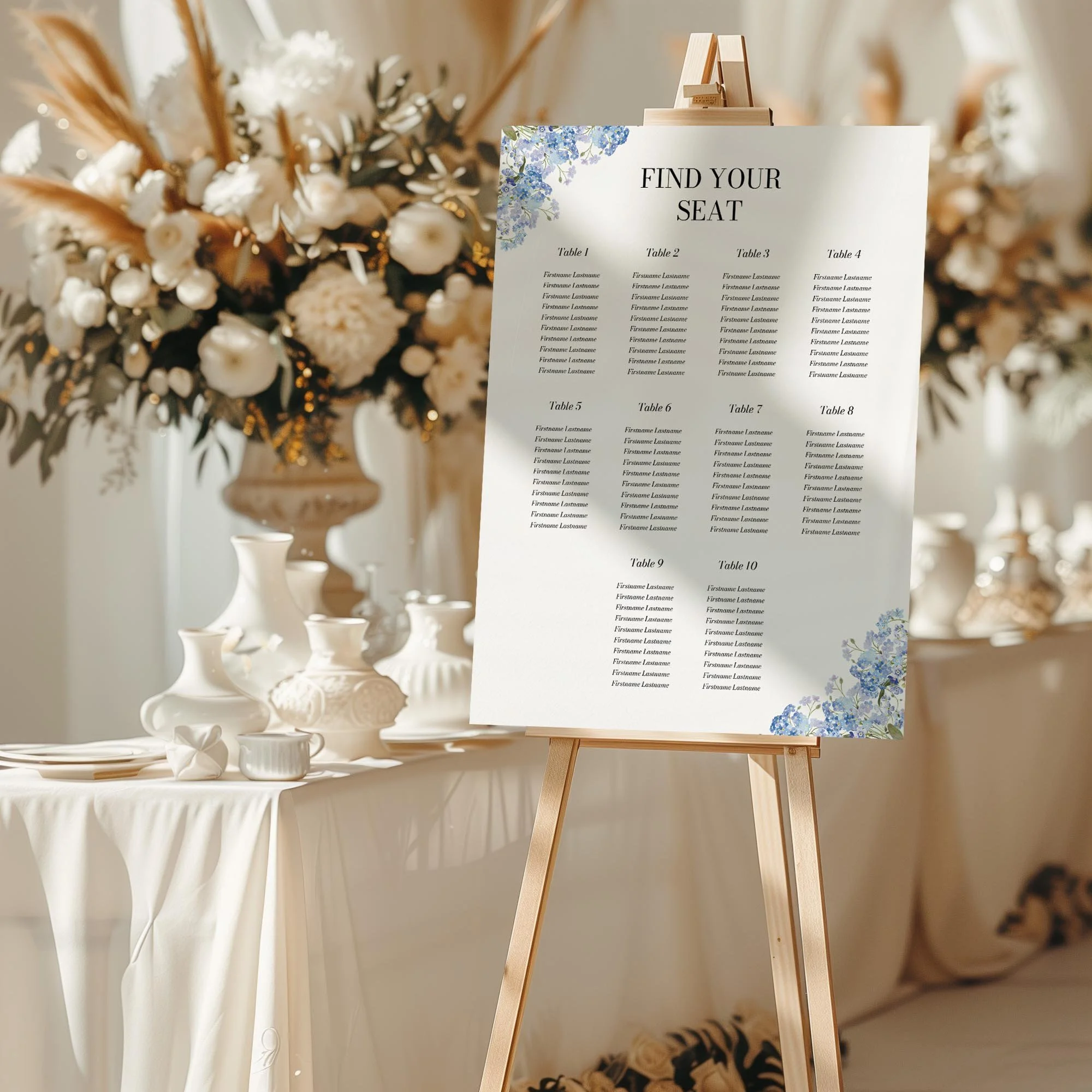 Forget Me Not wedding seating chart sign styled at a reception