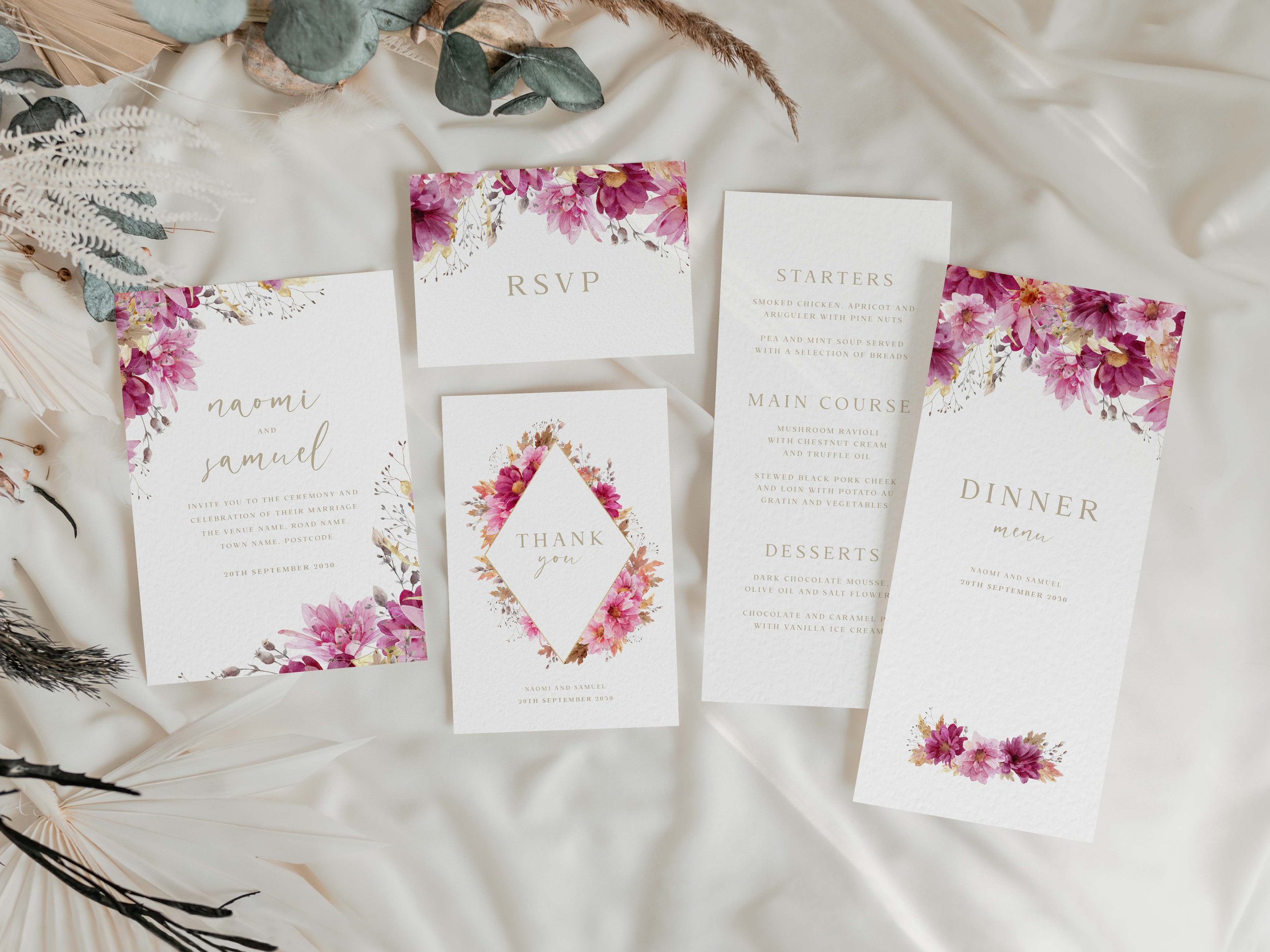 Pink and gold chrysanthemum wedding stationery