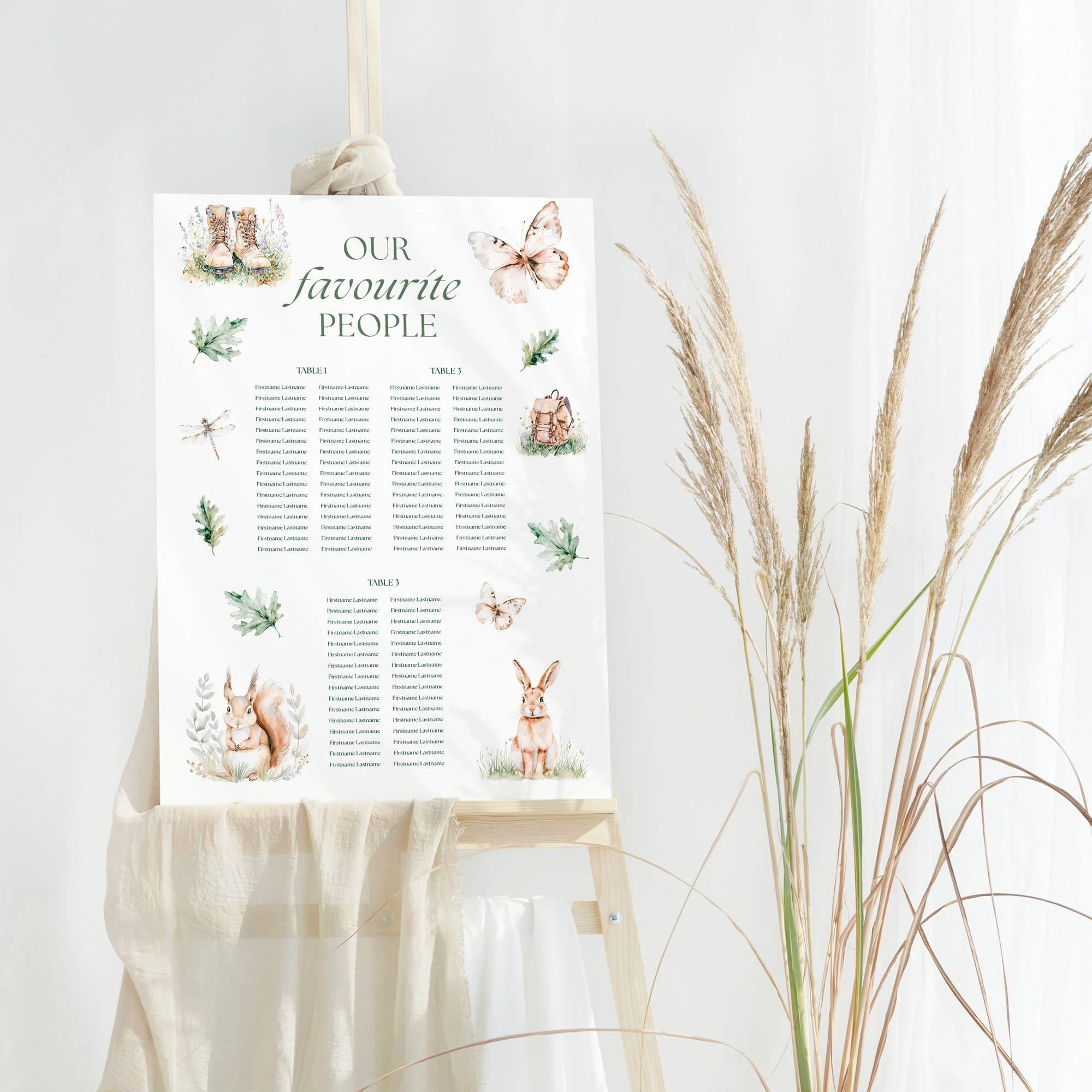 Adventure Wedding Table Plan Board with woodland illustrations of boots, butterflies, leaves, and a rabbit around seating details.