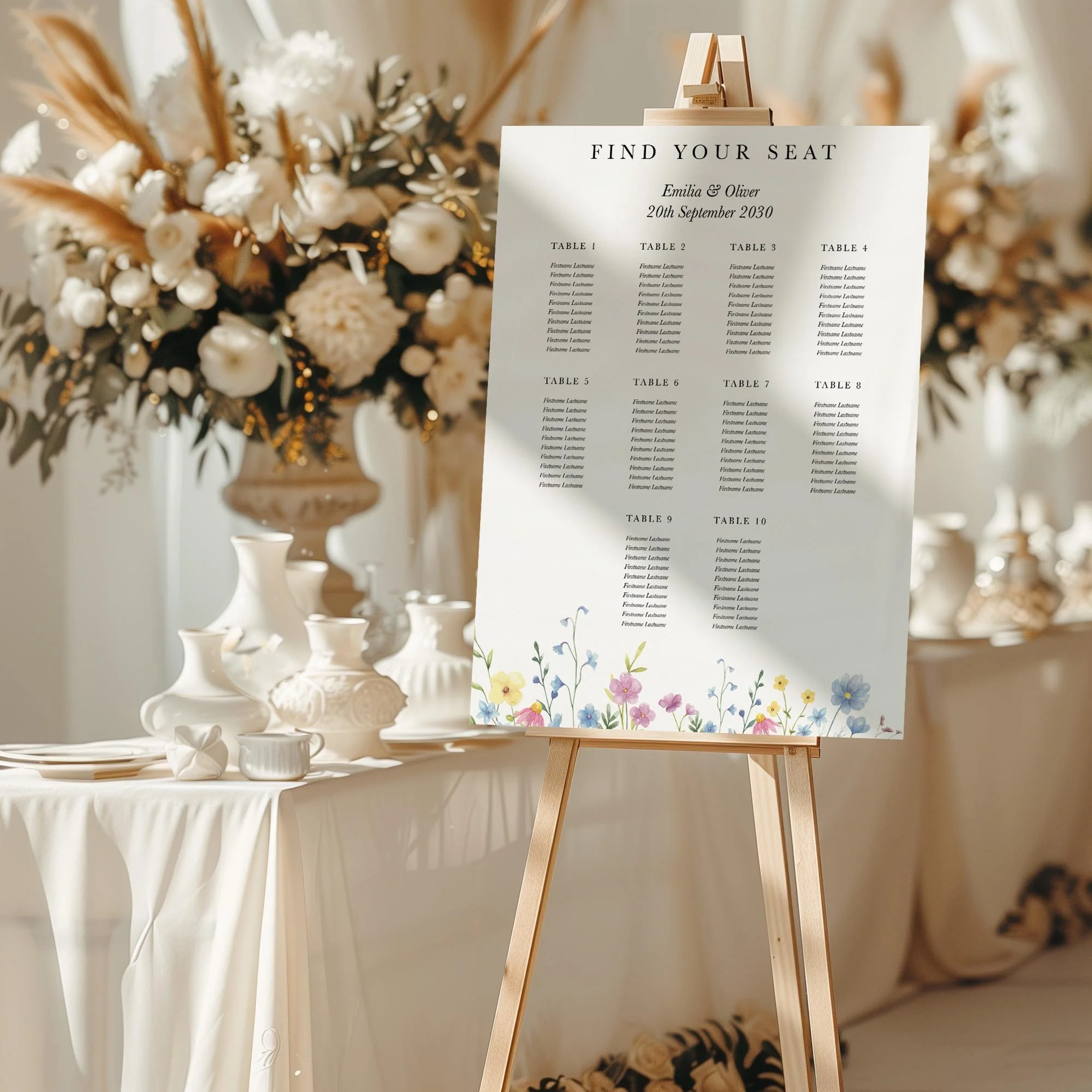 Colourful Wildflower wedding seating chart sign styled at a reception