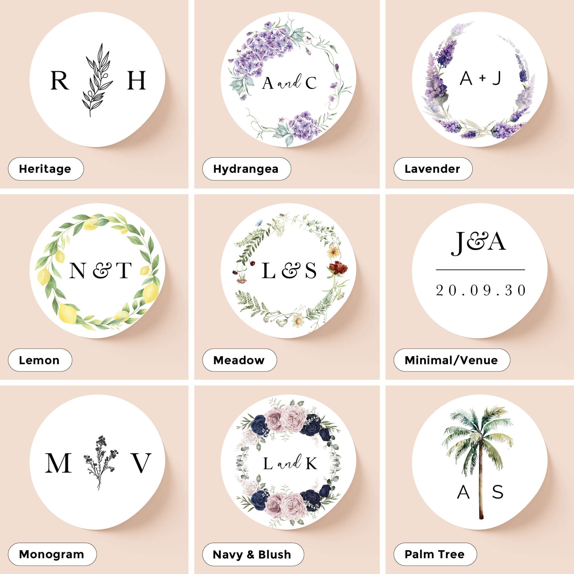 Selection of personalised wedding sticker designs including modern, floral and elegant styles for wedding invitations and stationery.
