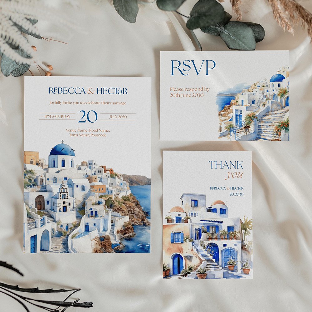 Wedding stationery suite consisting of invitation, RSVP card and thank you card featuring watercolour illustrations of whitewashed architecture and rich blue hues of the Santorini buildings in Greece.