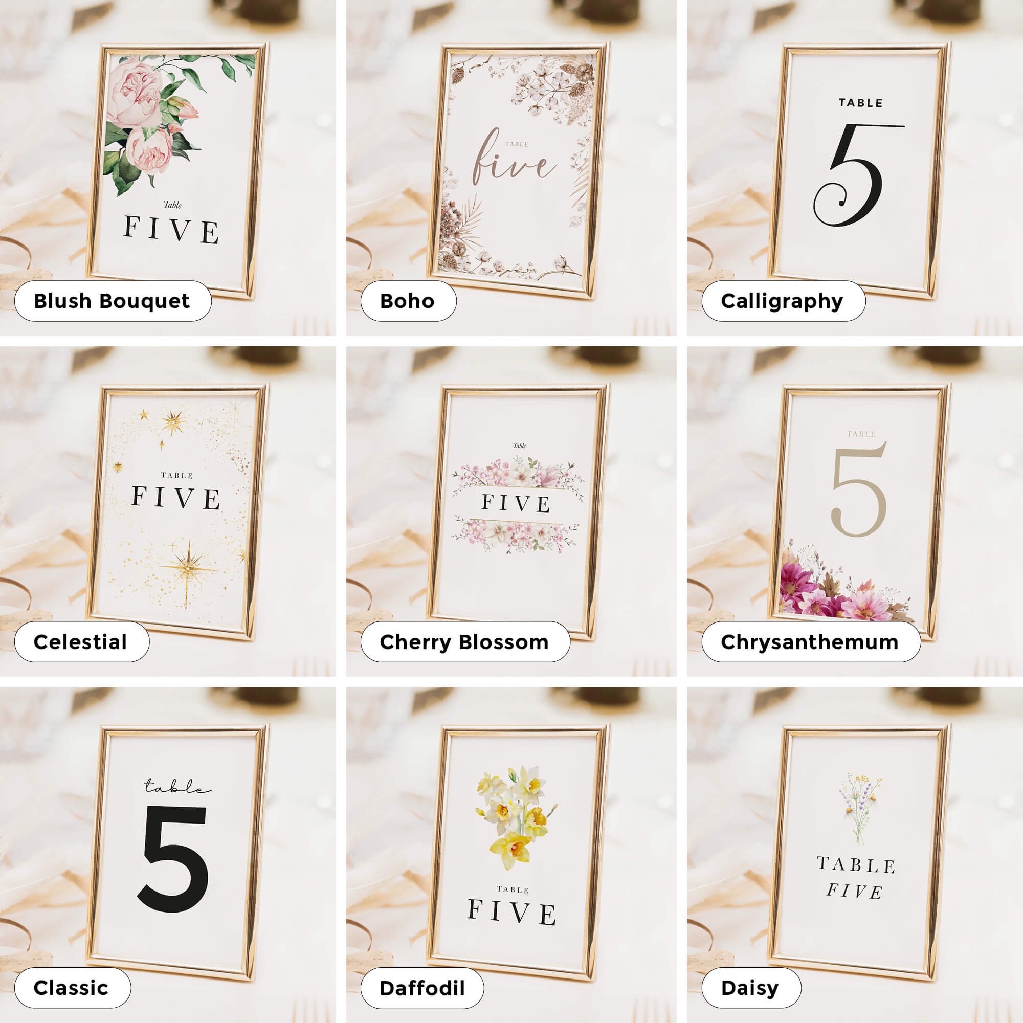 Wedding table number and table name card designs in a range of styles to suit different themes, including floral, modern, and minimal options