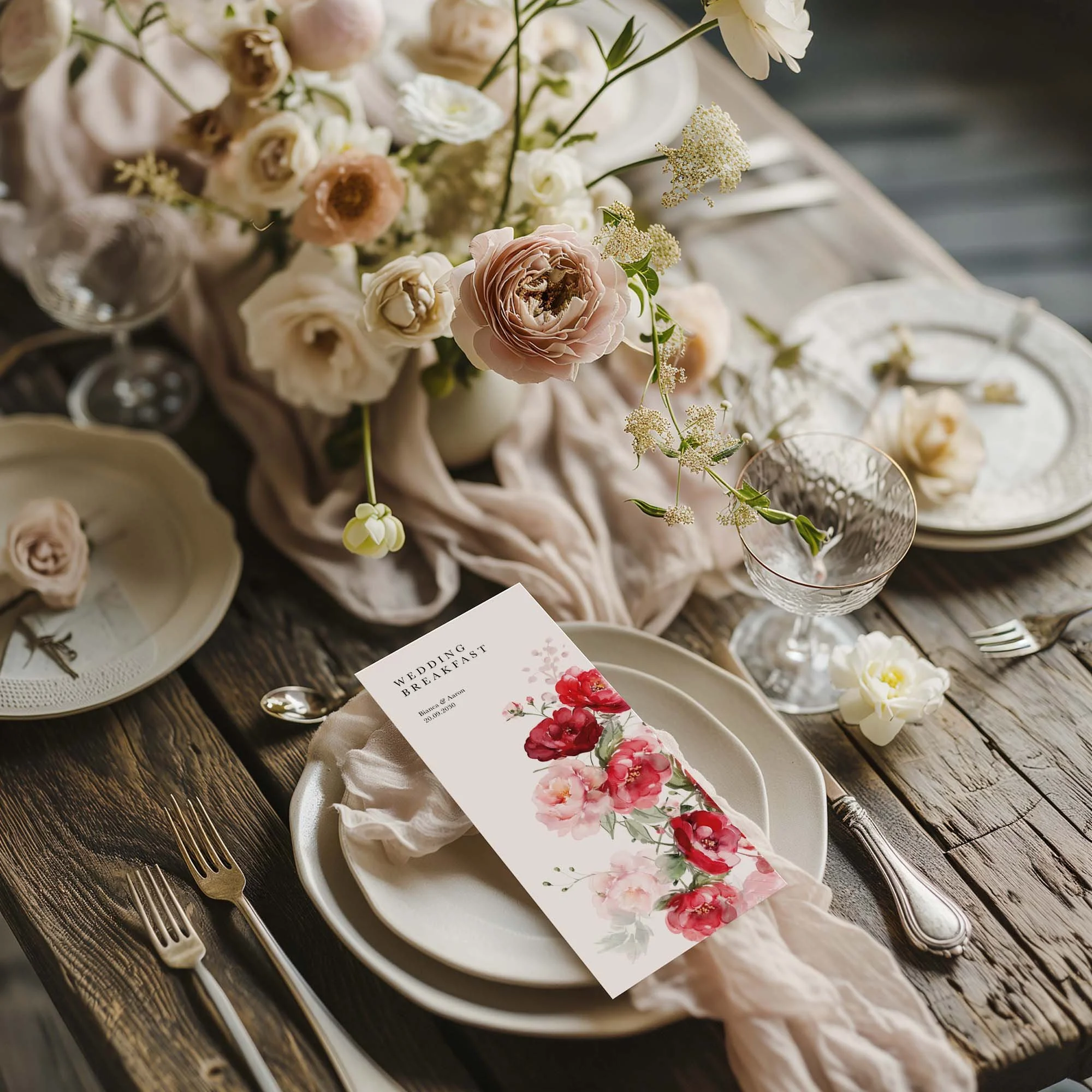 Red Floral wedding menu card styled on a wedding table setting with tableware and décor
