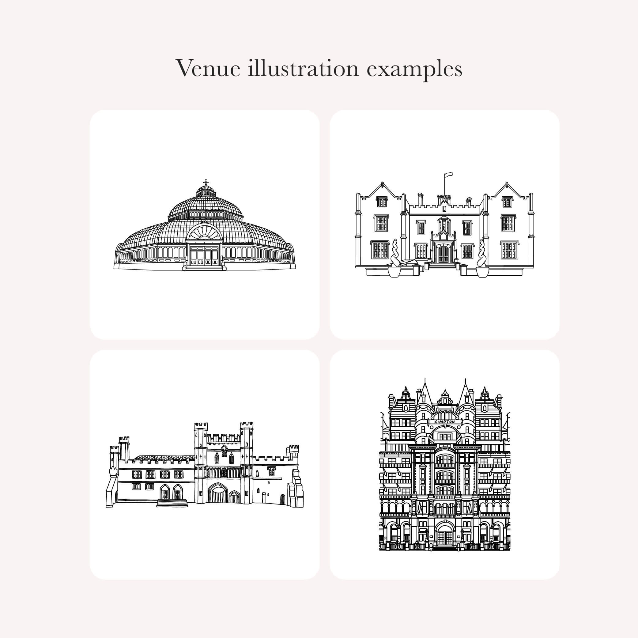 A selection of custom venue illustrations in elegant black and white line art style, showing different wedding locations