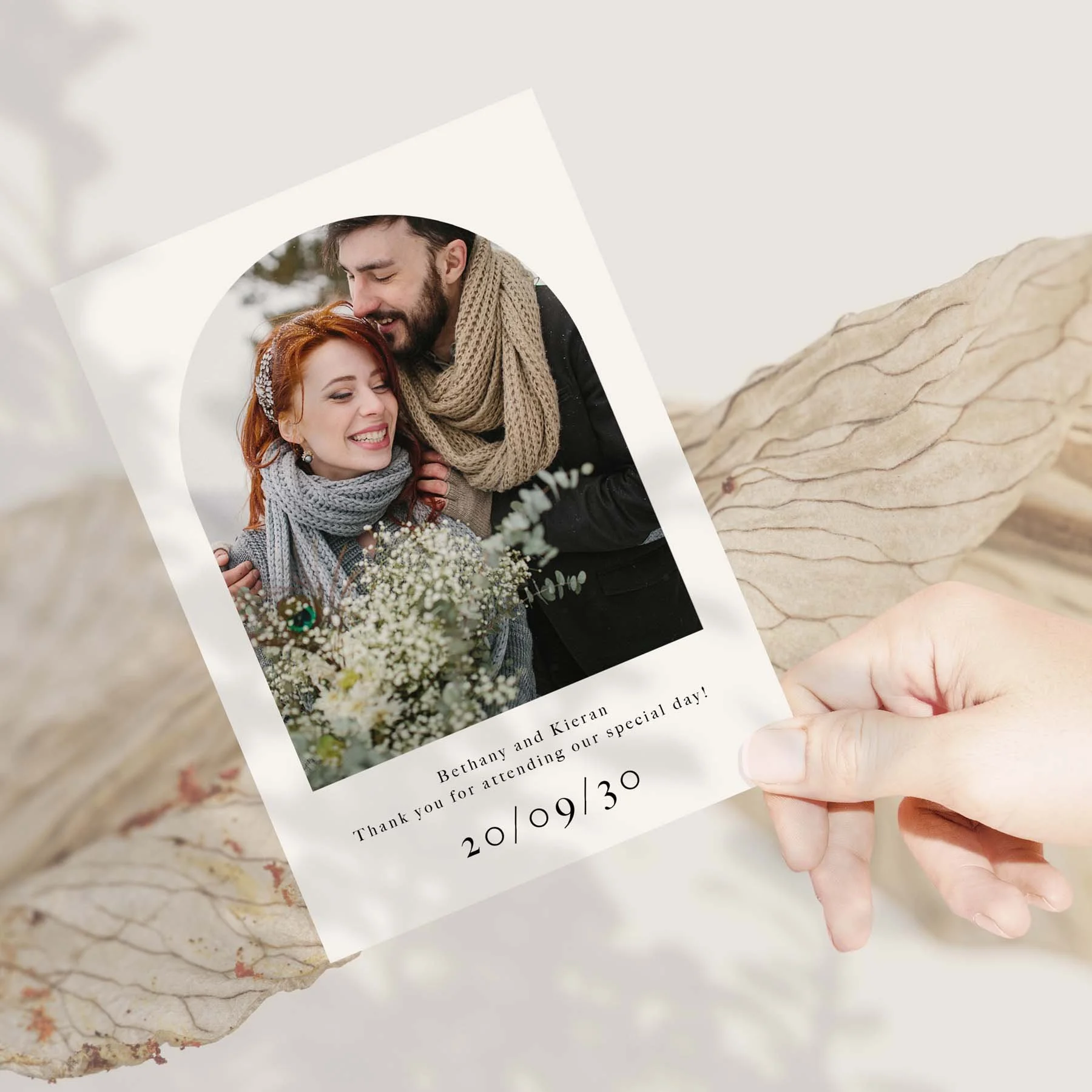 Hand holding a Bespoke Photograph wedding thank you card
