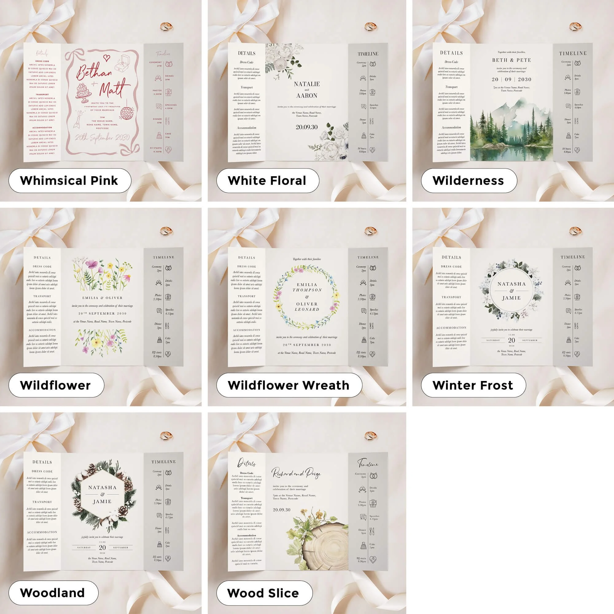 A5 size gatefold invitations in a variety of designs