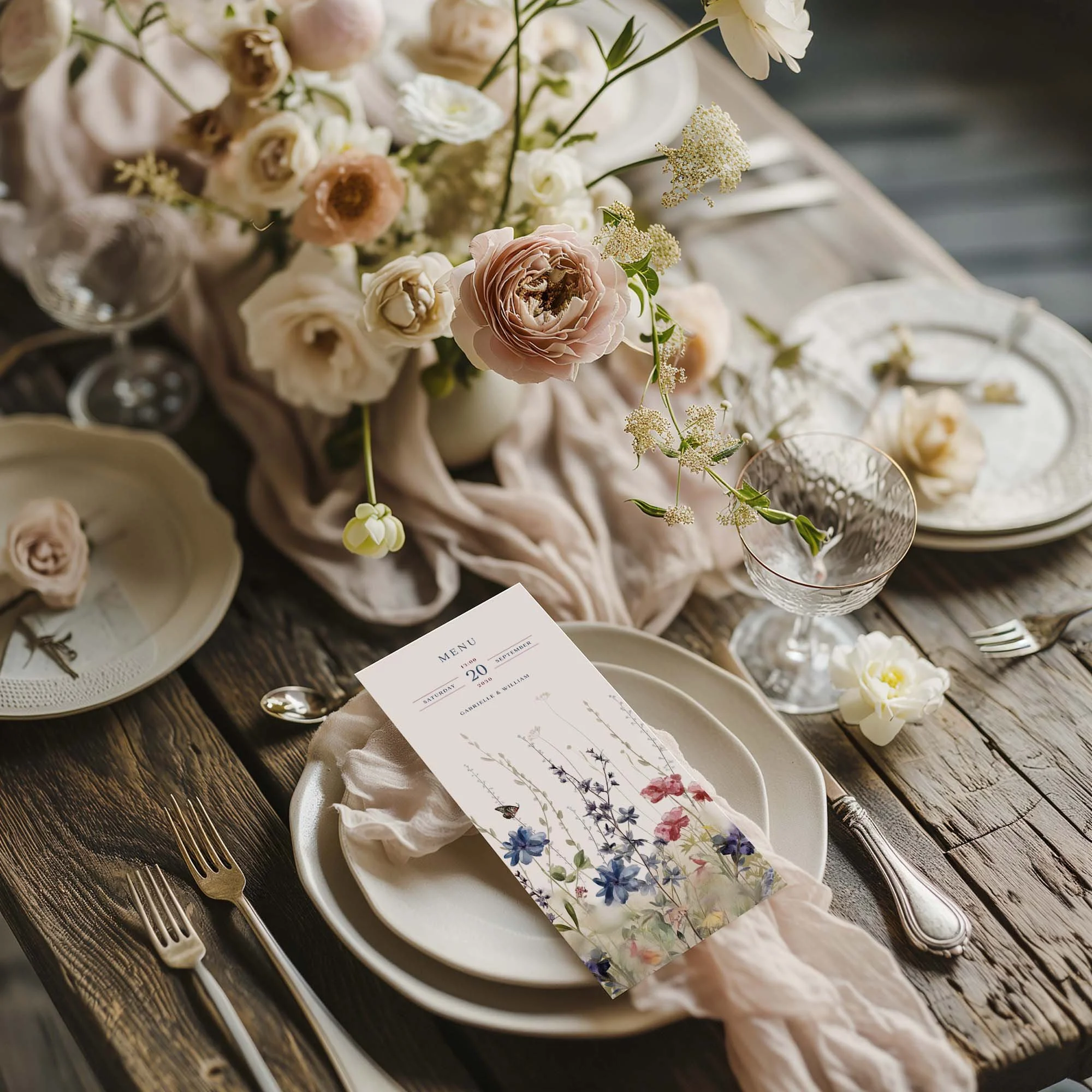 Navy Blue and Red Wildflowers wedding menu card styled on a wedding table setting with tableware and décor