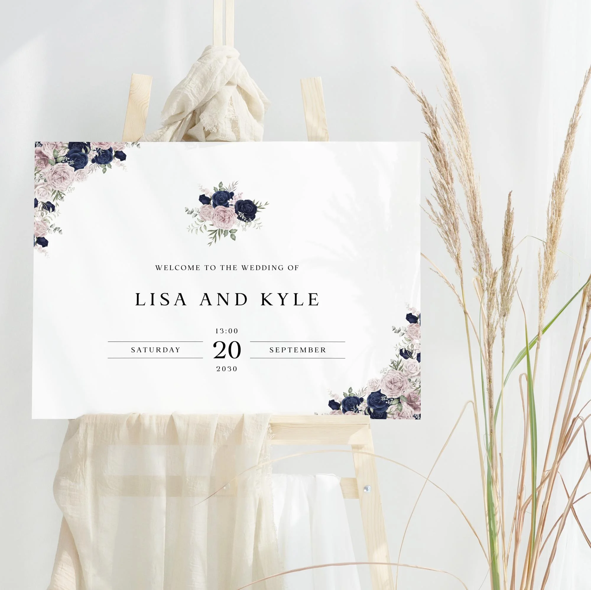 Navy Blue and Blush Pink Floral wedding welcome sign design