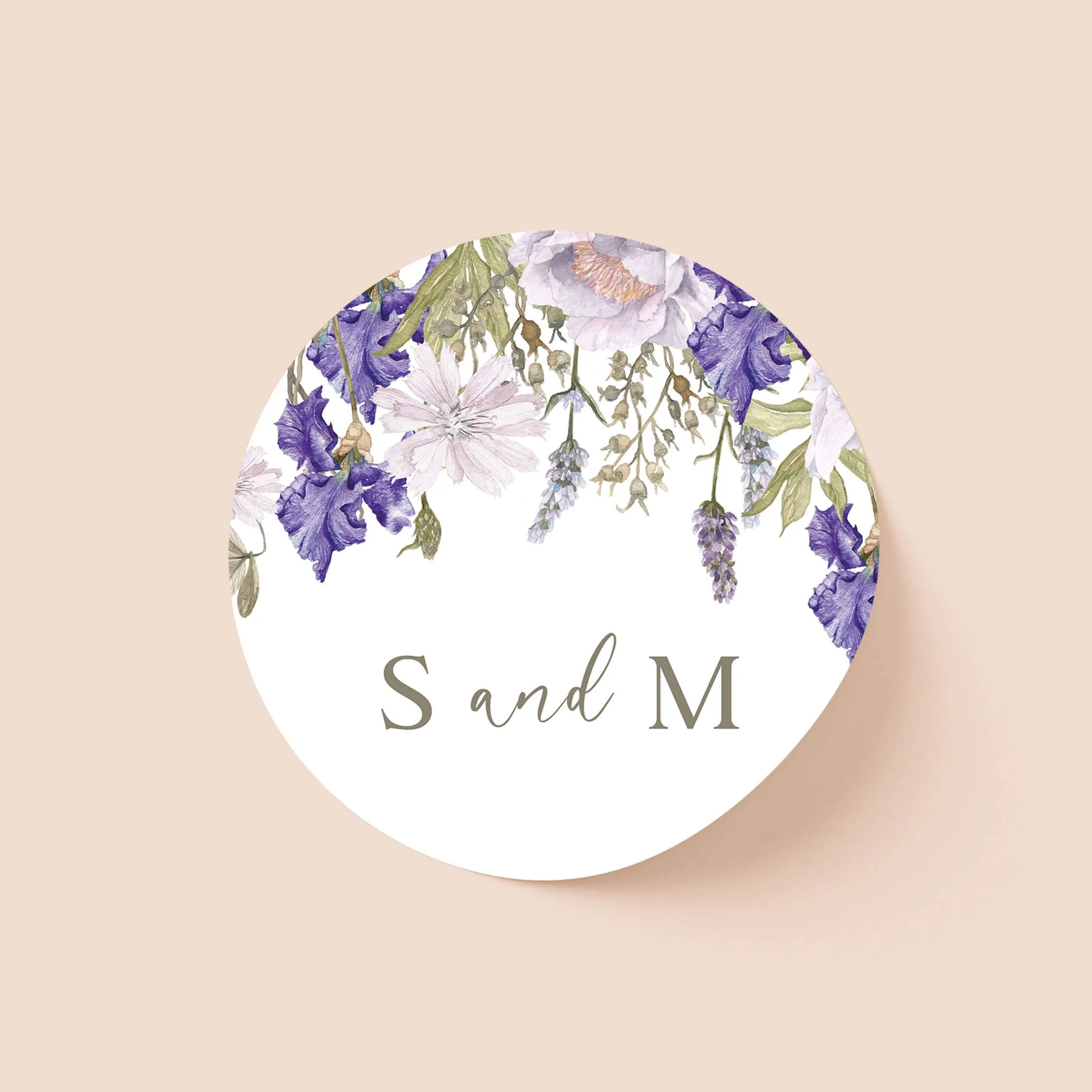 Purple Floral personalised wedding sticker with lilac floral botanical design and personalised initials on round sticker