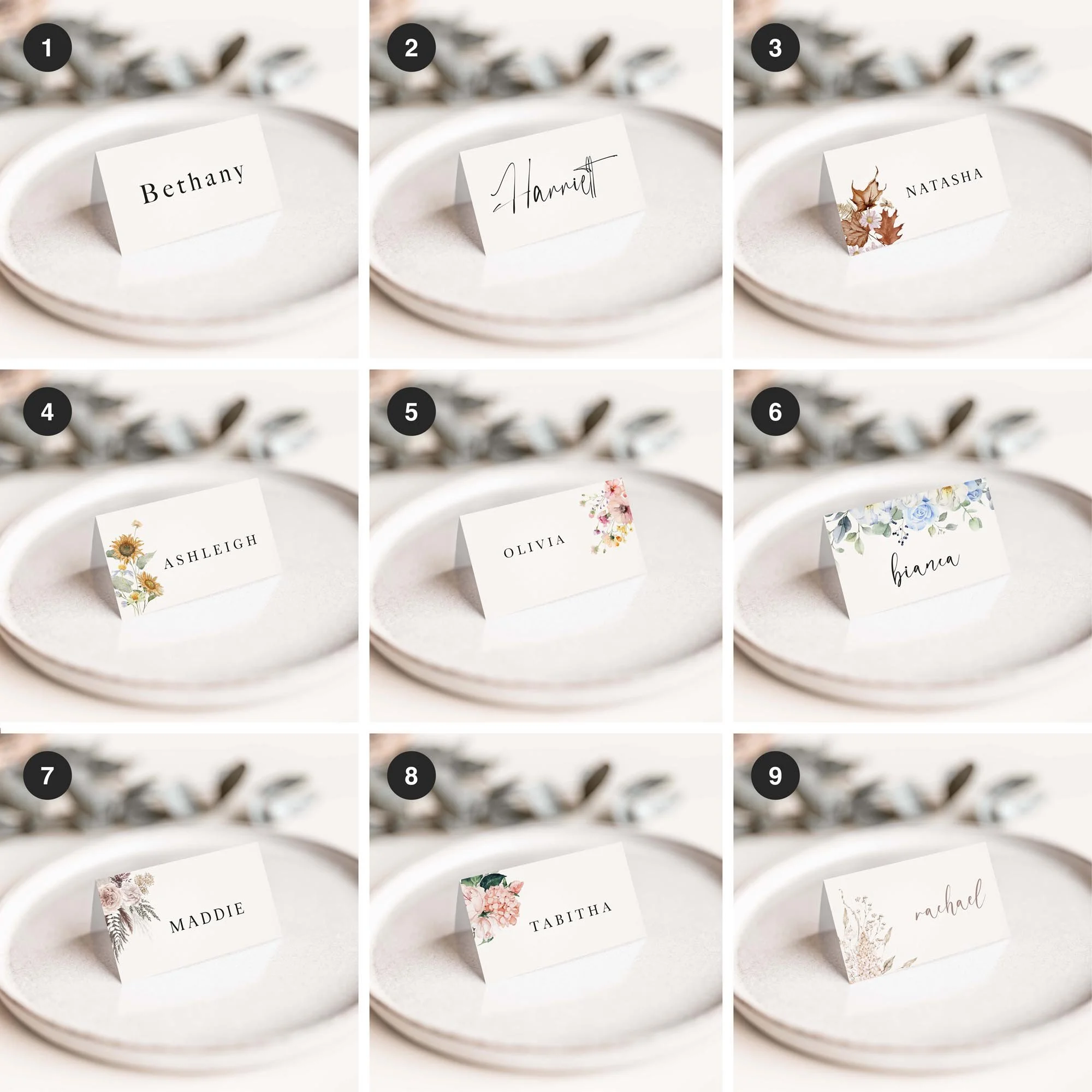 Wedding Place Name Cards In a Variety of Designs