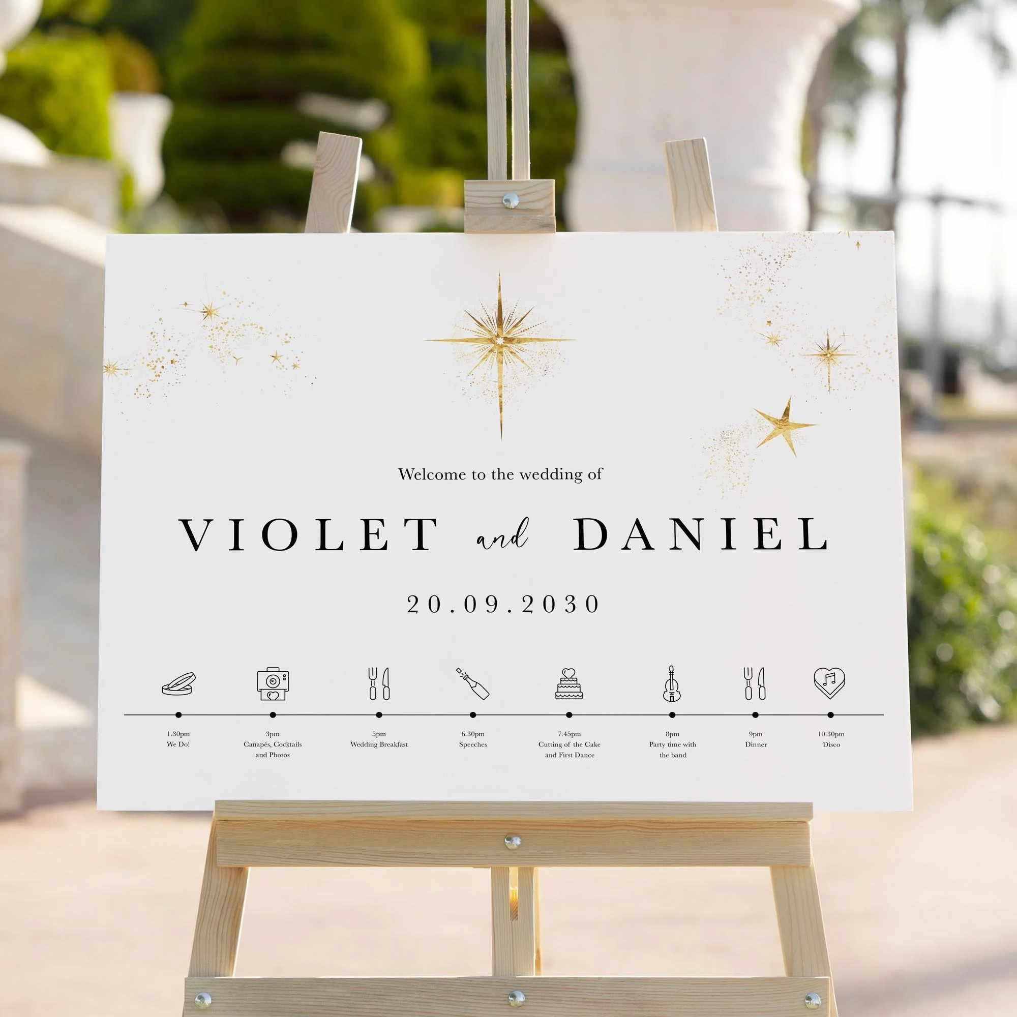 Celestial wedding welcome sign styled outdoors close-up