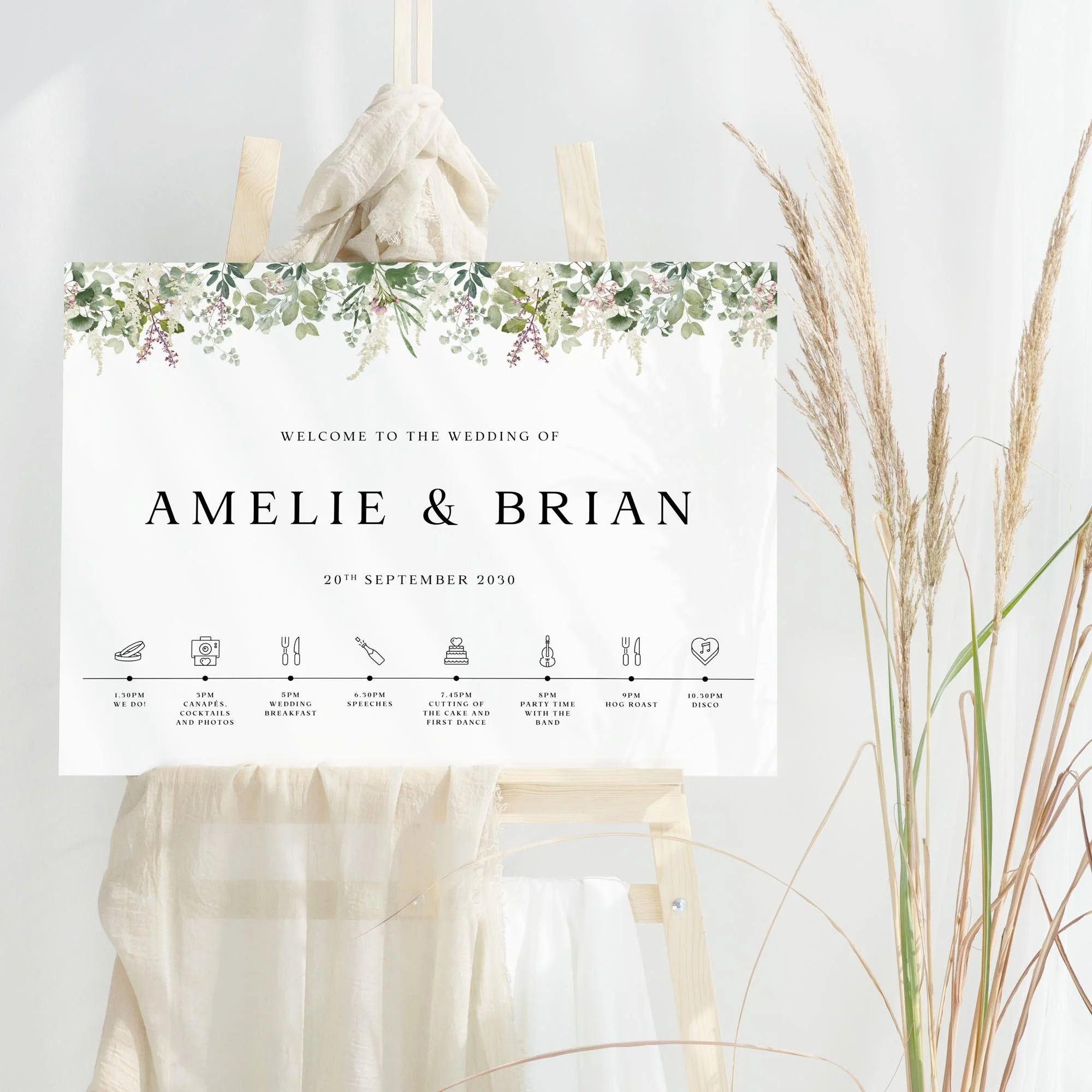 Forest Leaves Order of the Day wedding welcome sign design