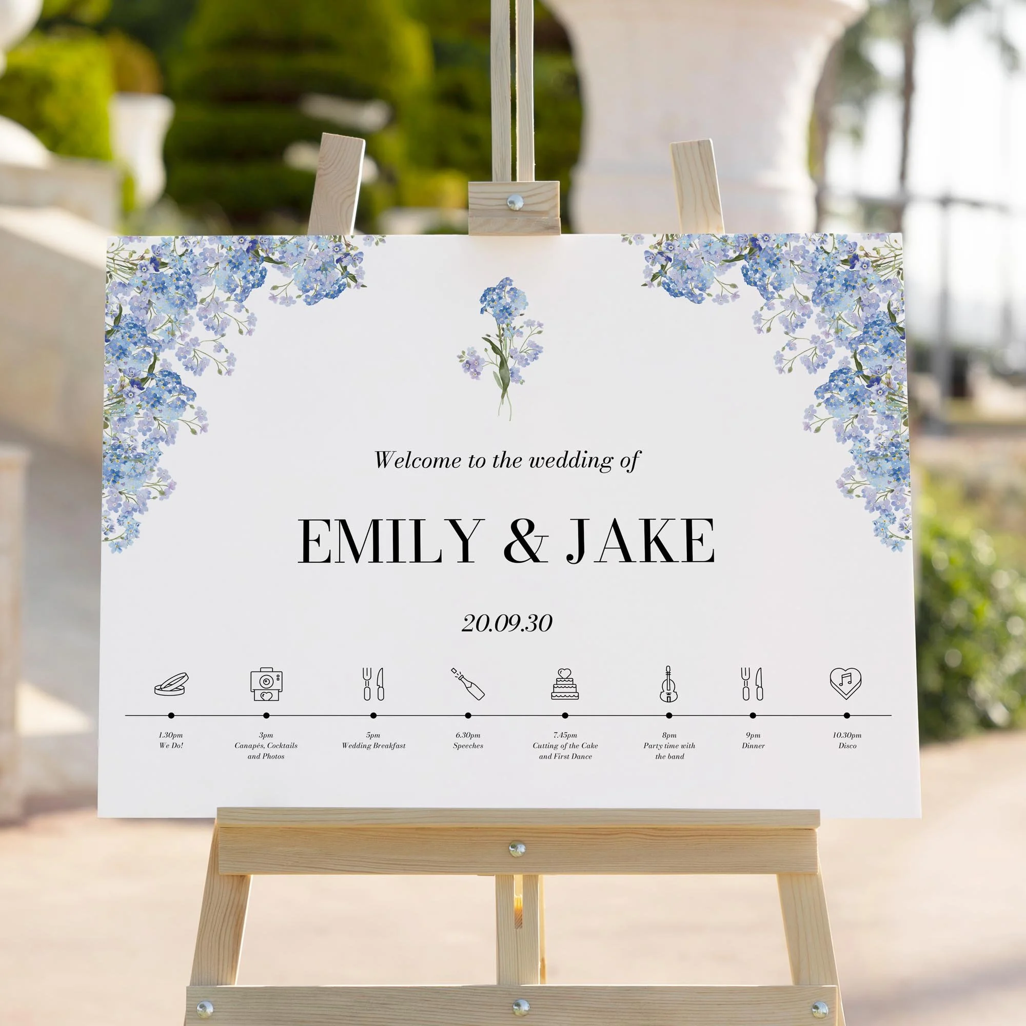 Forget Me Not Custom Timeline of the Day wedding welcome sign styled outdoors close-up