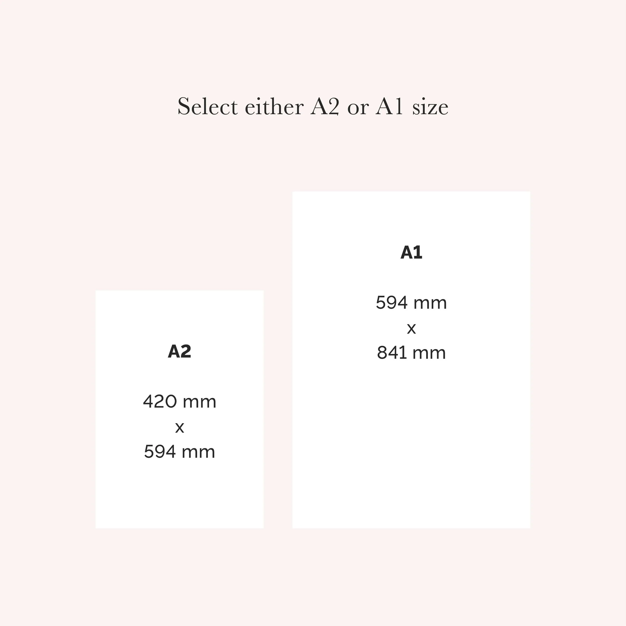 Diagram showing A1 and A2 wedding welcome sign size options available at Wonder Wedding Stationery