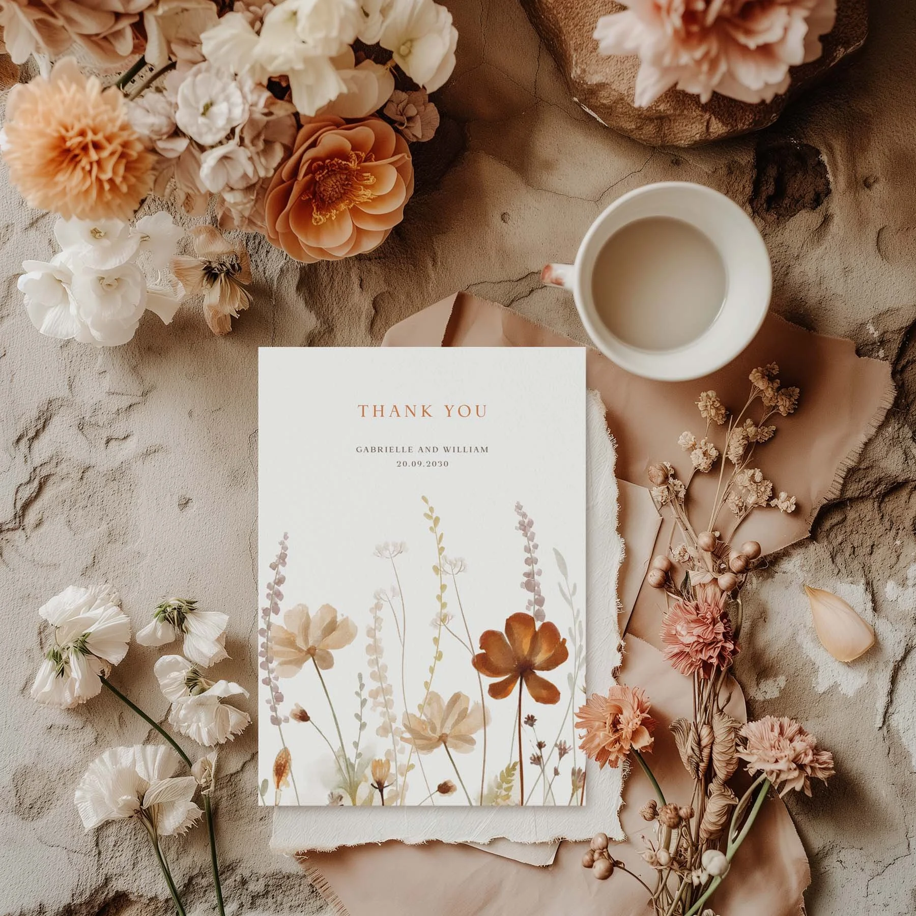 Field Harvest wedding thank you card with an autumn wildflower design in terracotta and russet tones, styled with dried flowers and a white cup on a neutral background