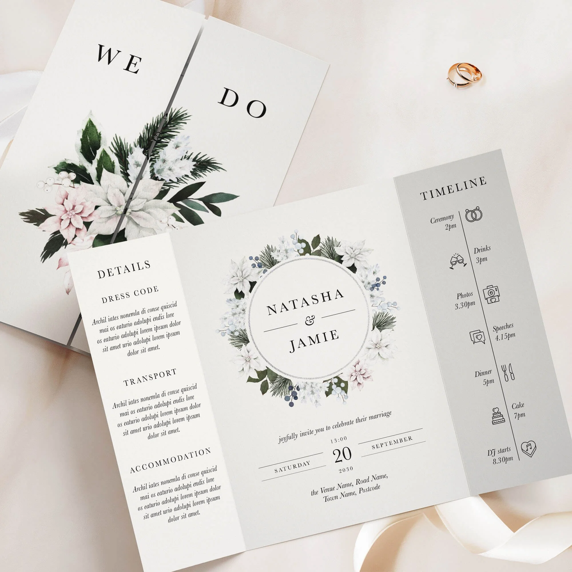 Winter gatefold wedding invitation with dark botanical pine, eucalyptus and floral wreath illustration