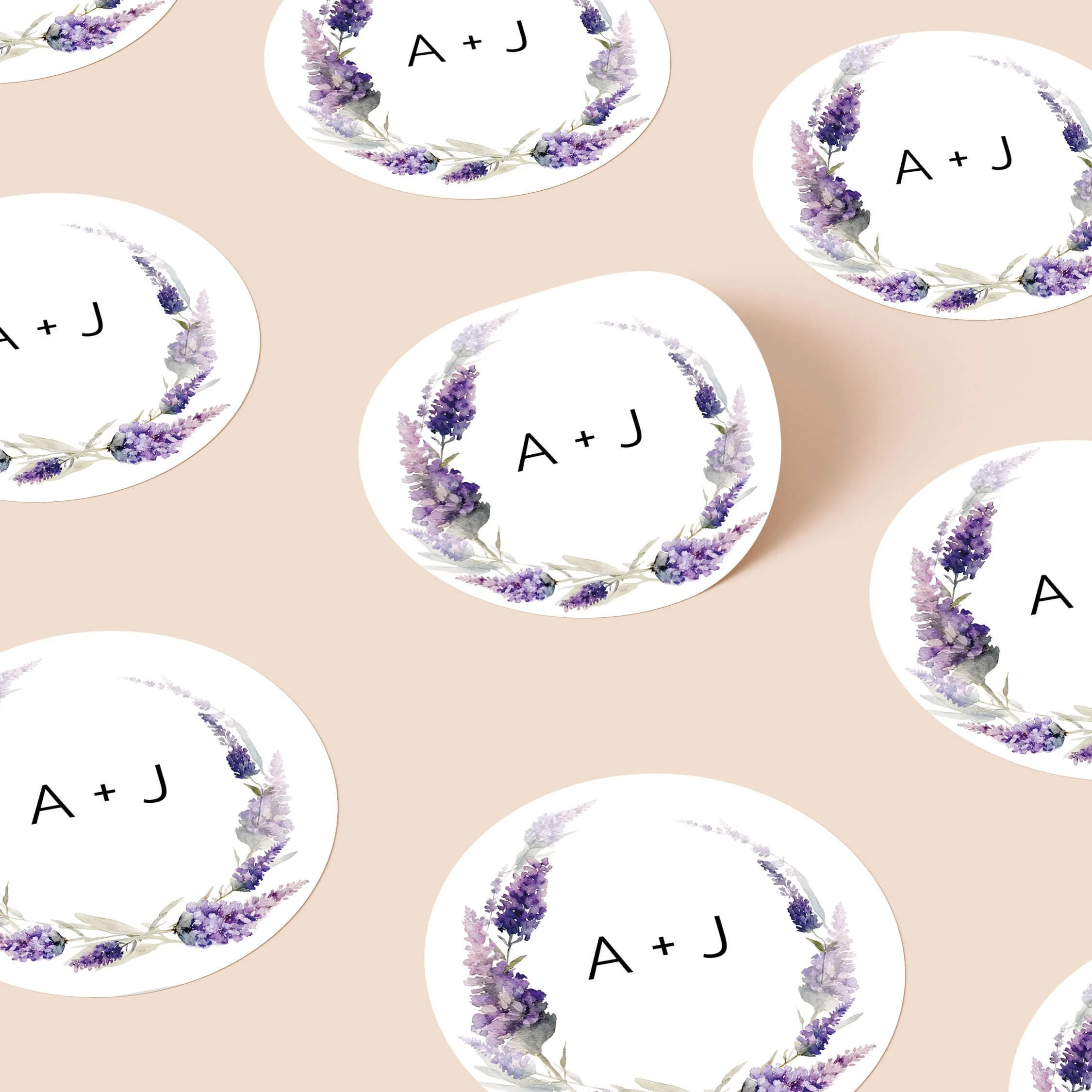 Lavender personalised wedding stickers with purple lavender floral wreath and elegant initials on round stickers