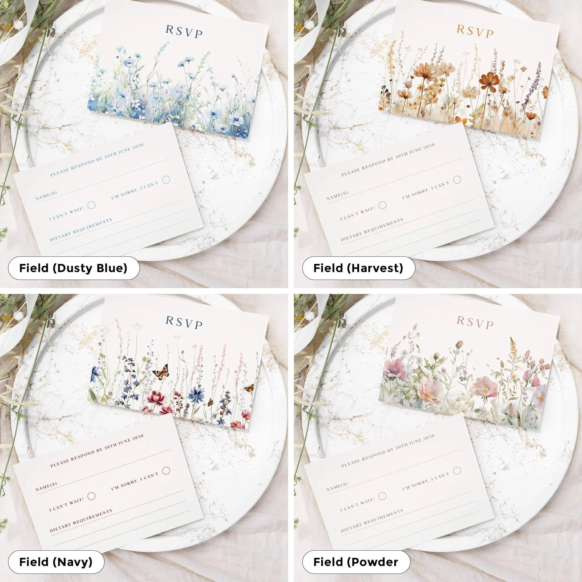 Printed wedding RSVP card with response lines and meal selection options
