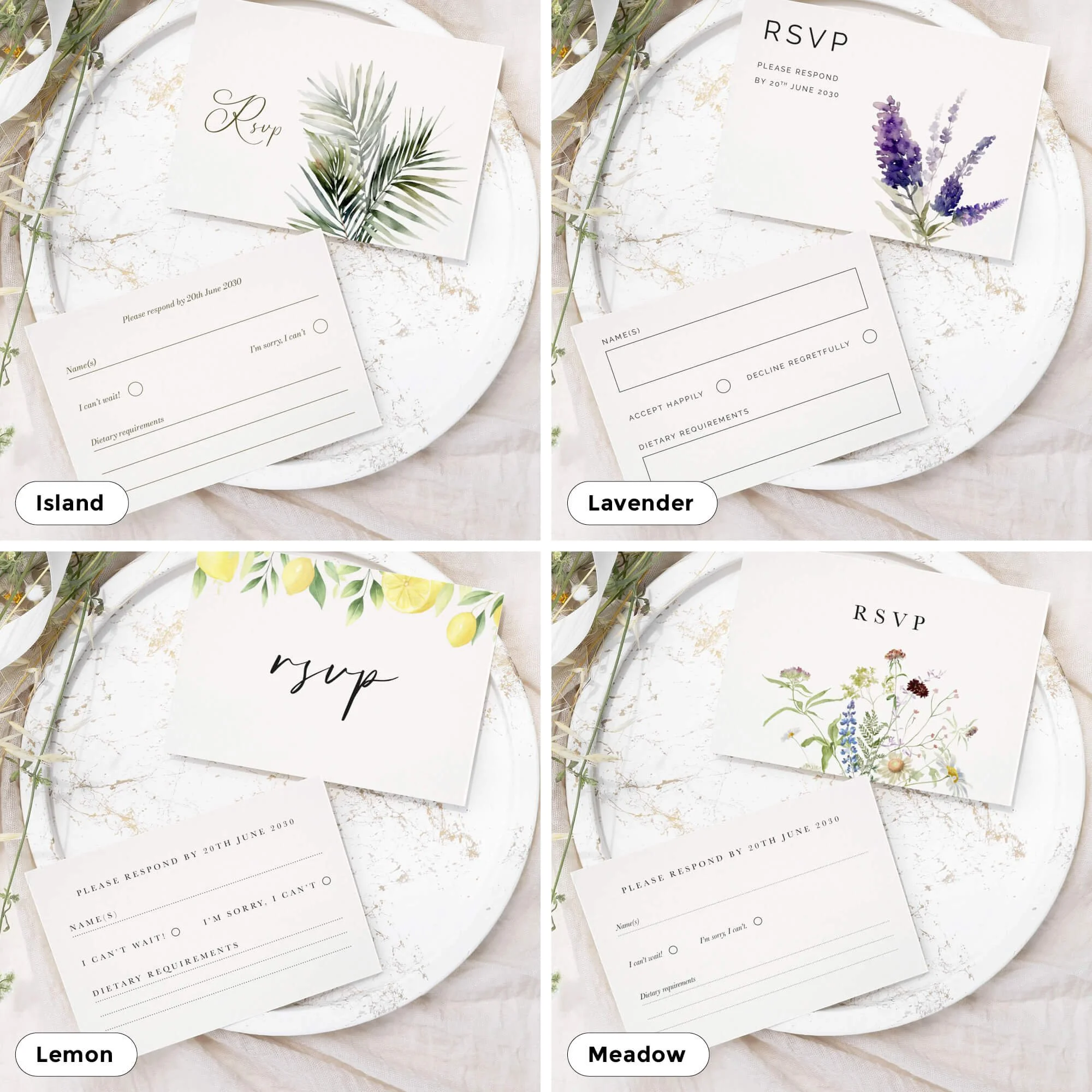 Wedding RSVP card design from matching invitation suite with elegant typography and layout