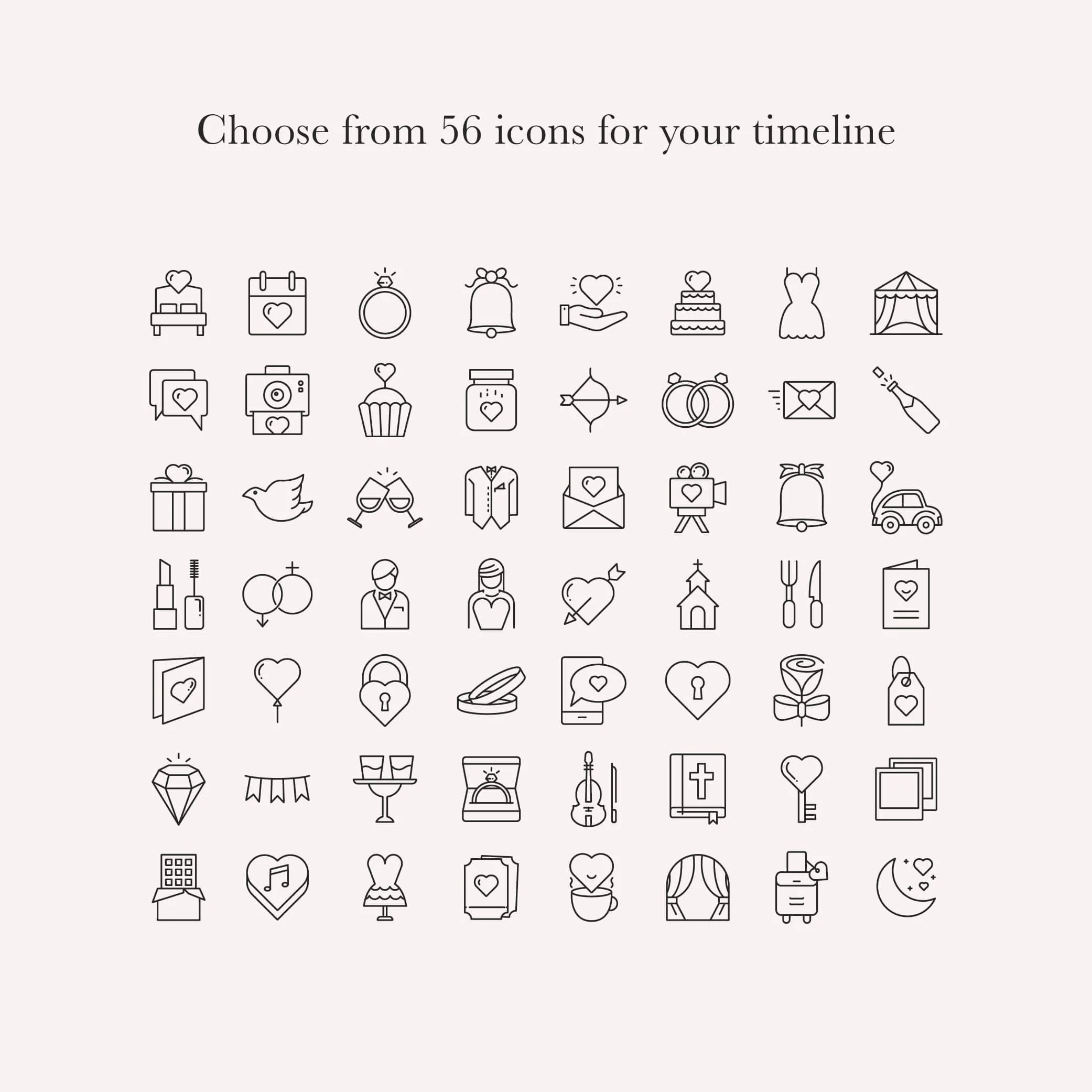 Selection of wedding-themed icons available for timeline customisation in a clean and elegant style.