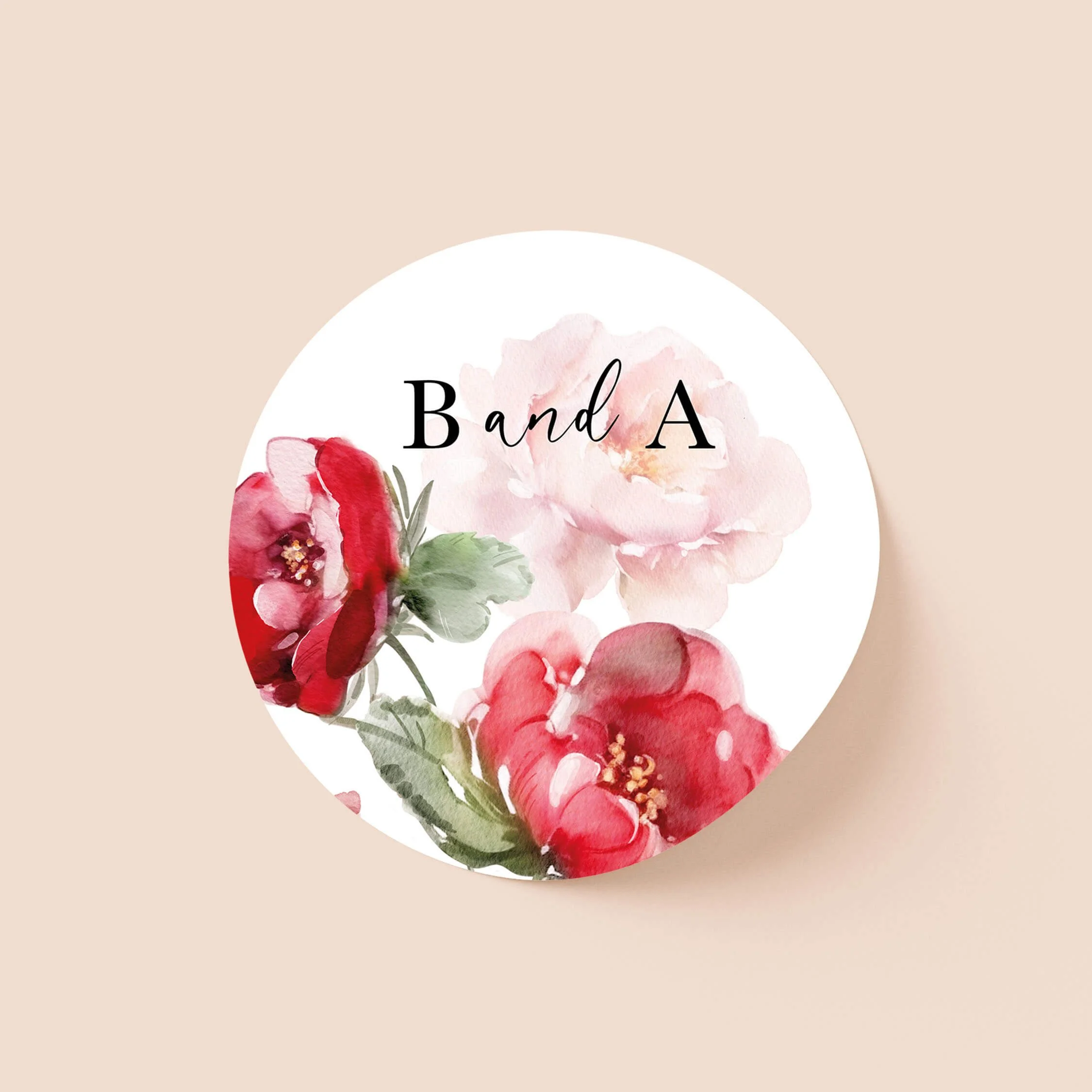 Red Floral personalised wedding sticker with red botanical floral design and personalised initials on round sticker