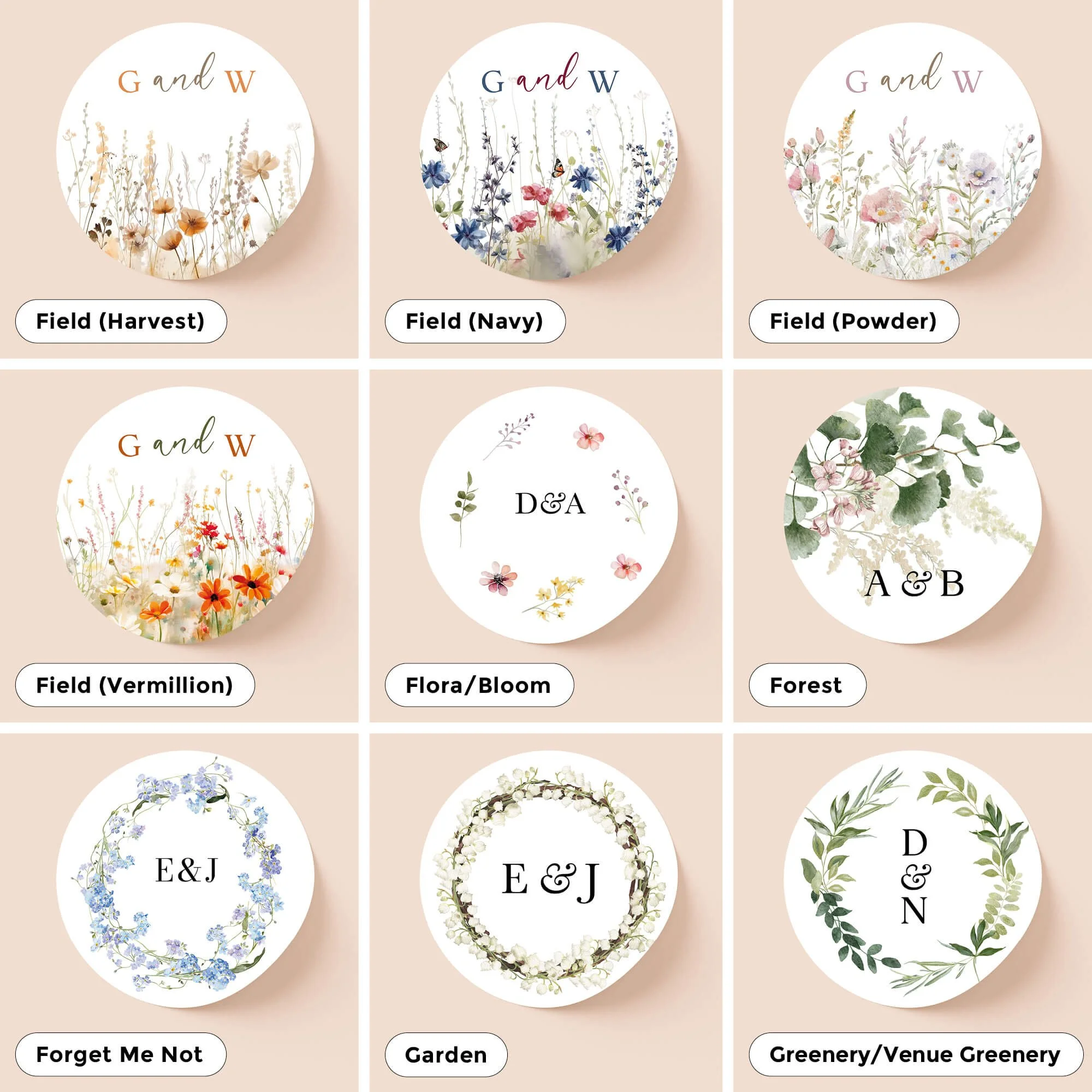 Selection of personalised wedding sticker designs including modern, floral and elegant styles for wedding invitations and stationery.