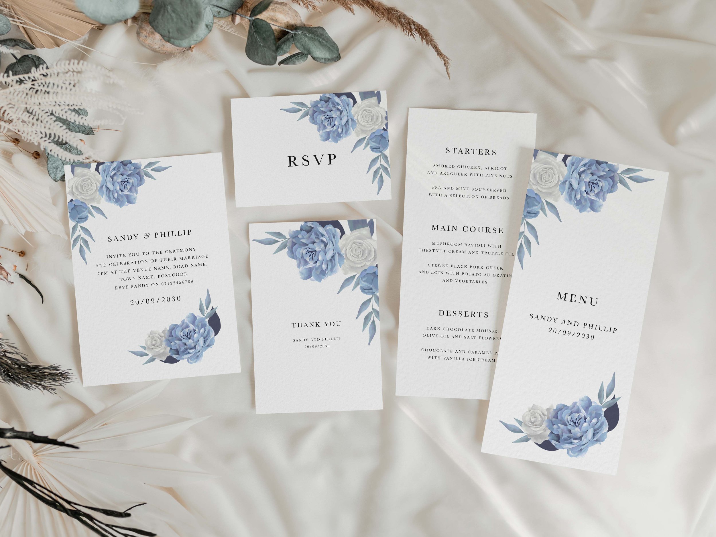 Dusty blue floral wedding stationery