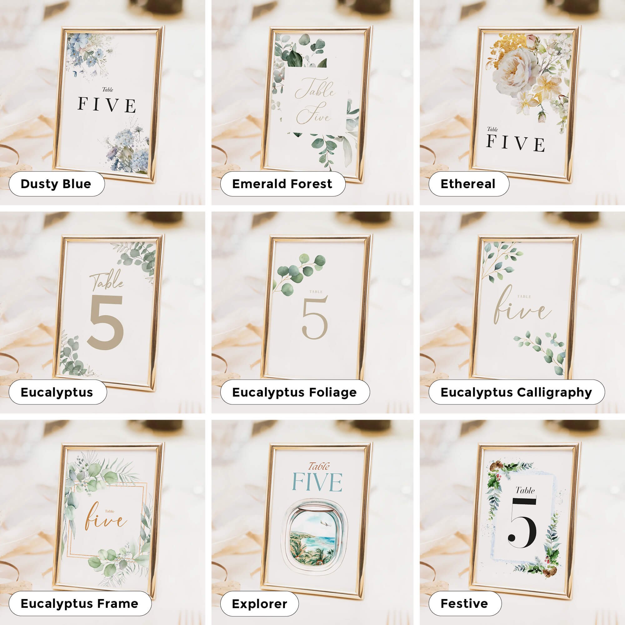 Wedding table number and table name card designs in a range of styles to suit different themes, including floral, modern, and minimal options
