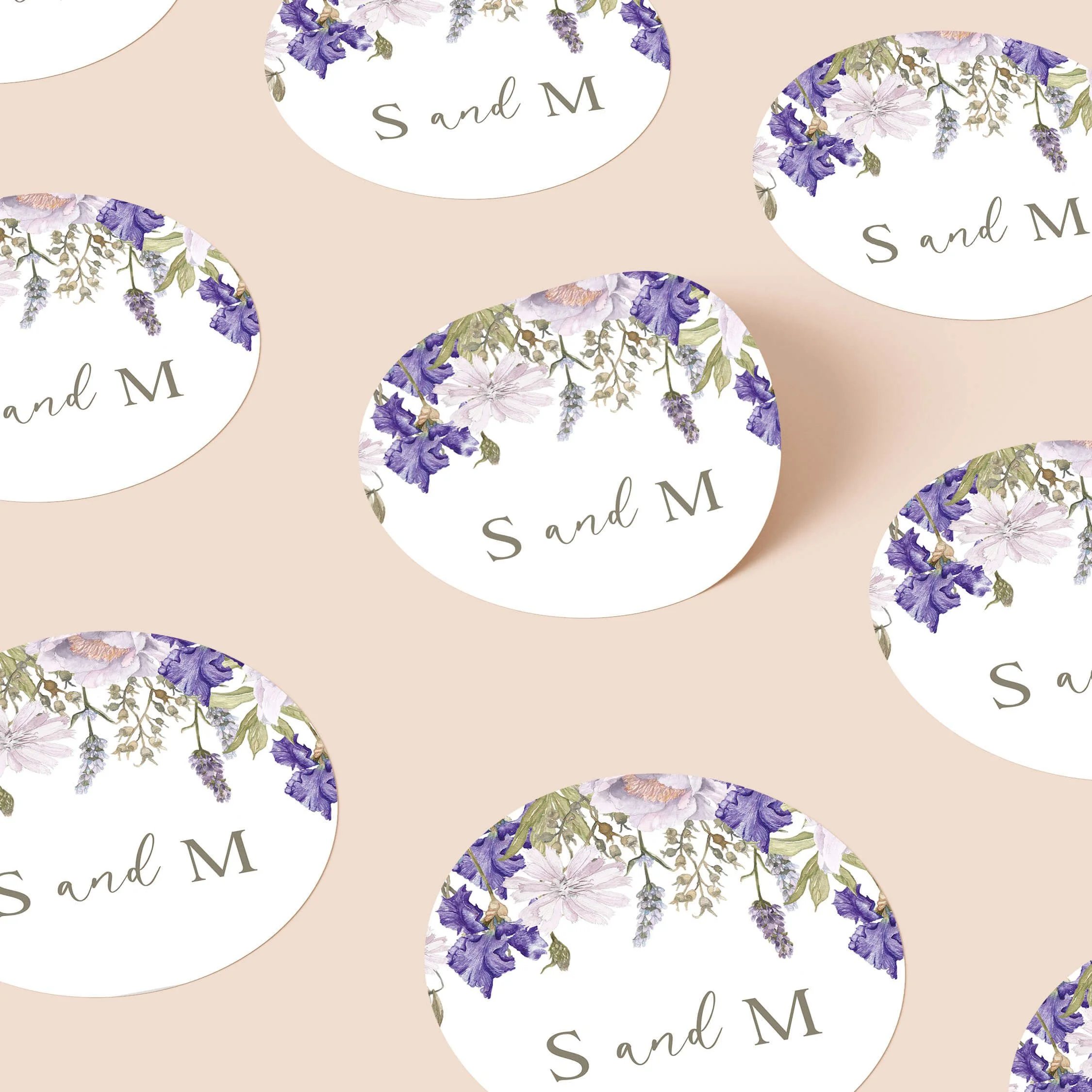 Purple Floral personalised wedding stickers with hanging purple botanical flowers and initials on round stickers